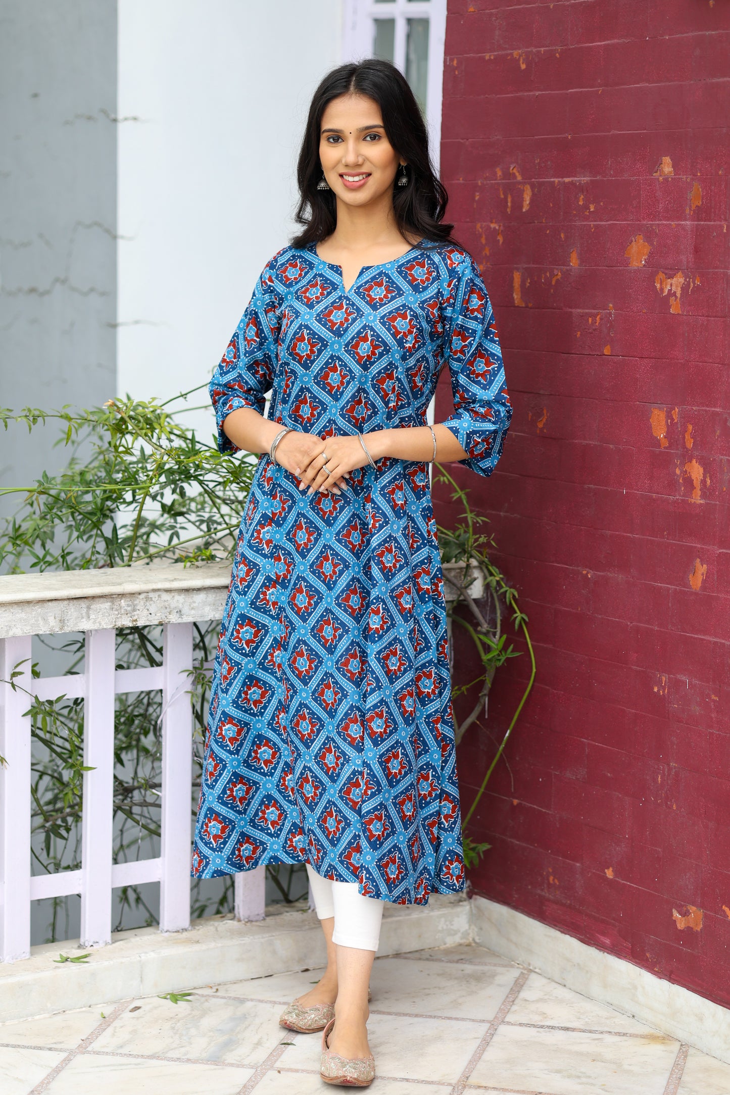 Blue with Maroon A-line Kurta