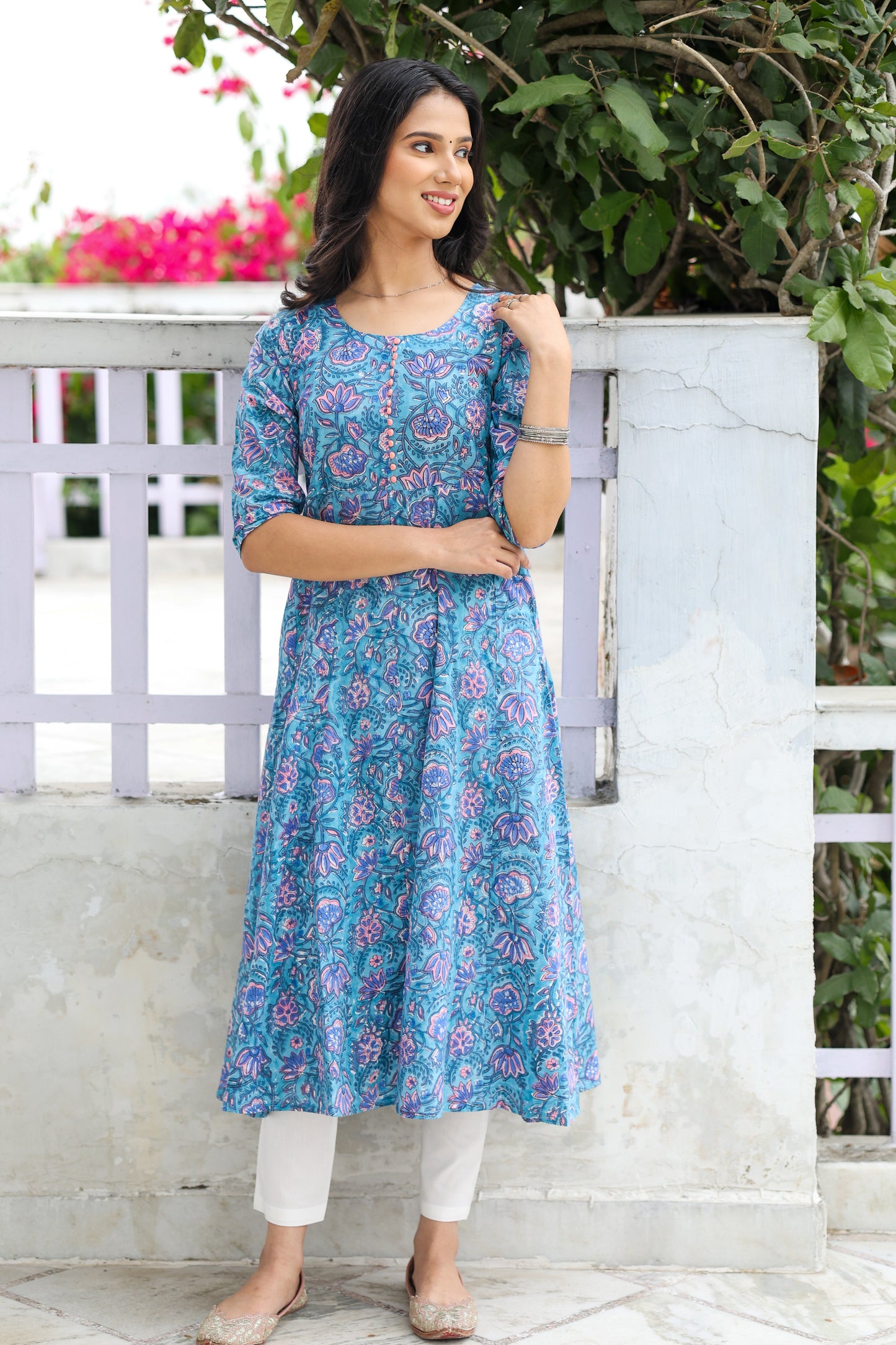 Pastel Blue with Peach Block Print Anarkali