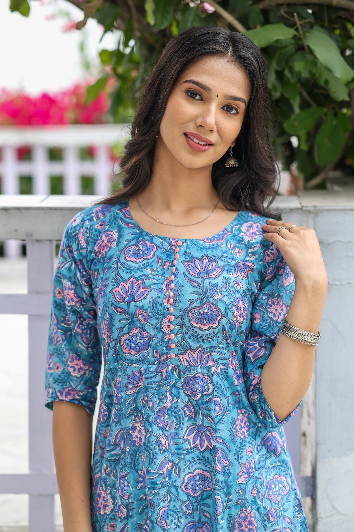 Pastel Blue with Peach Block Print Anarkali