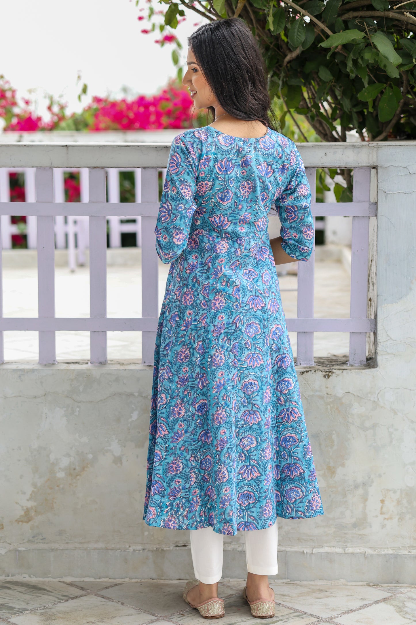 Pastel Blue with Peach Block Print Anarkali