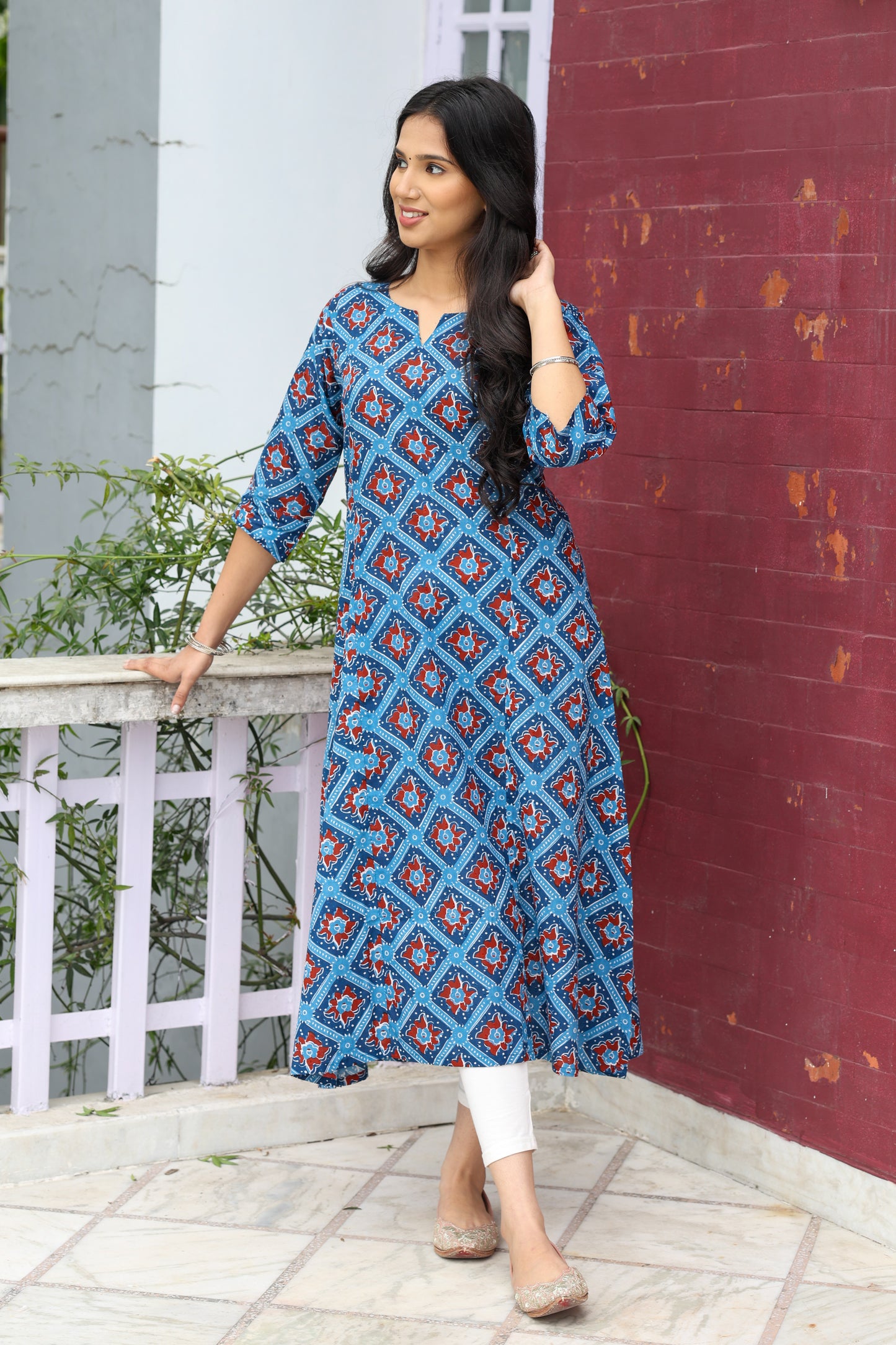 Blue with Maroon A-line Kurta