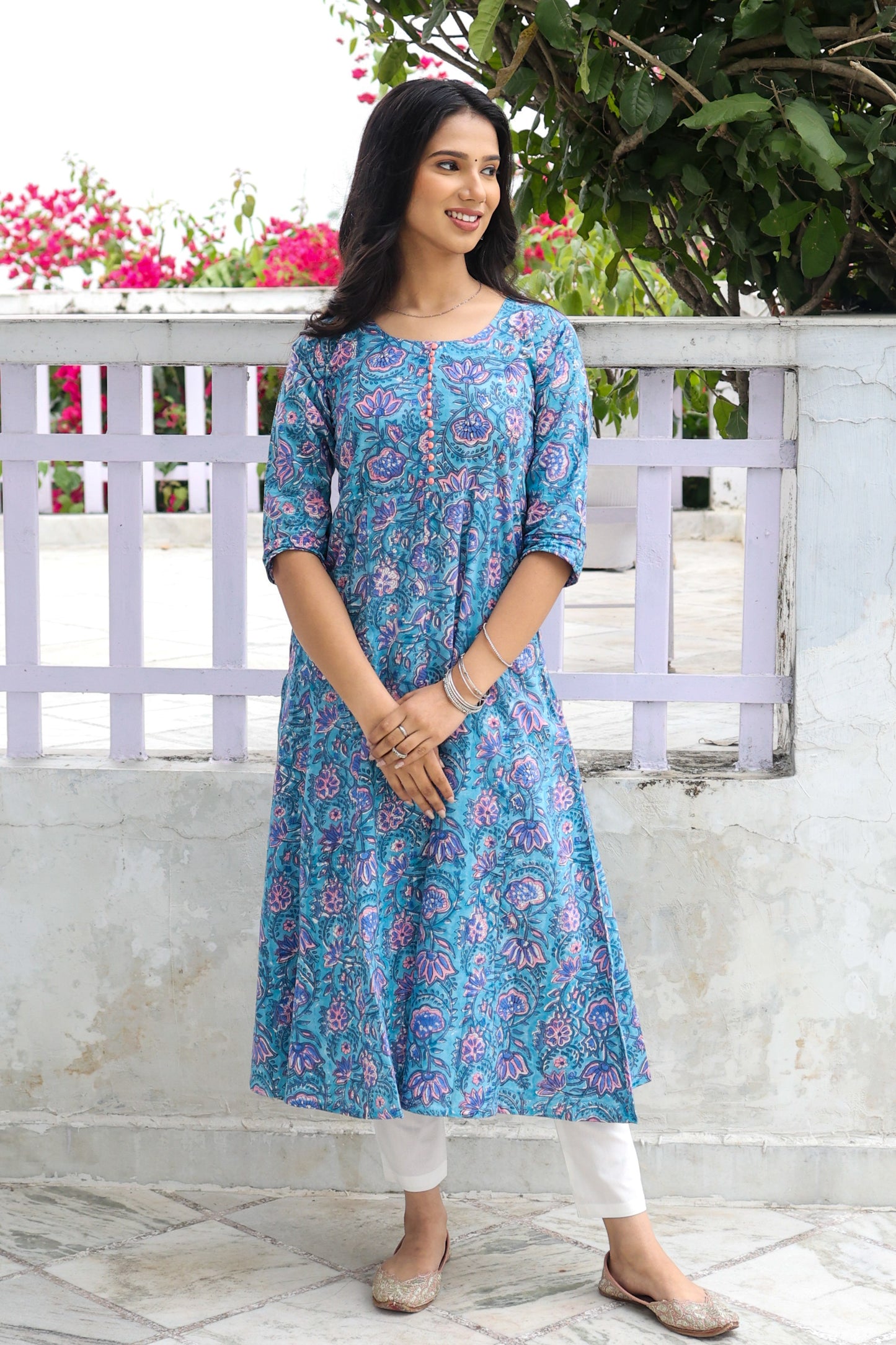 Pastel Blue with Peach Block Print Anarkali