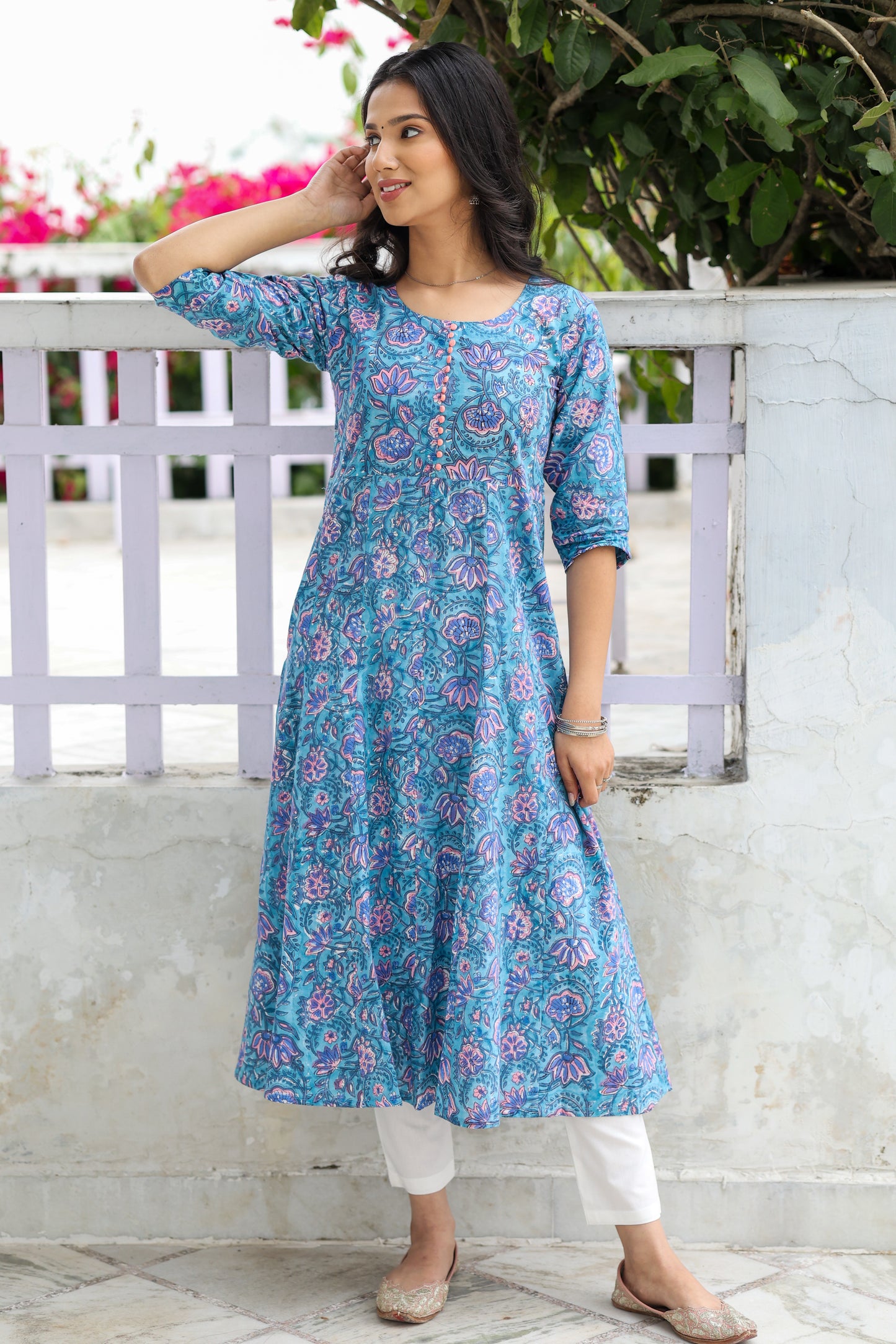 Pastel Blue with Peach Block Print Anarkali