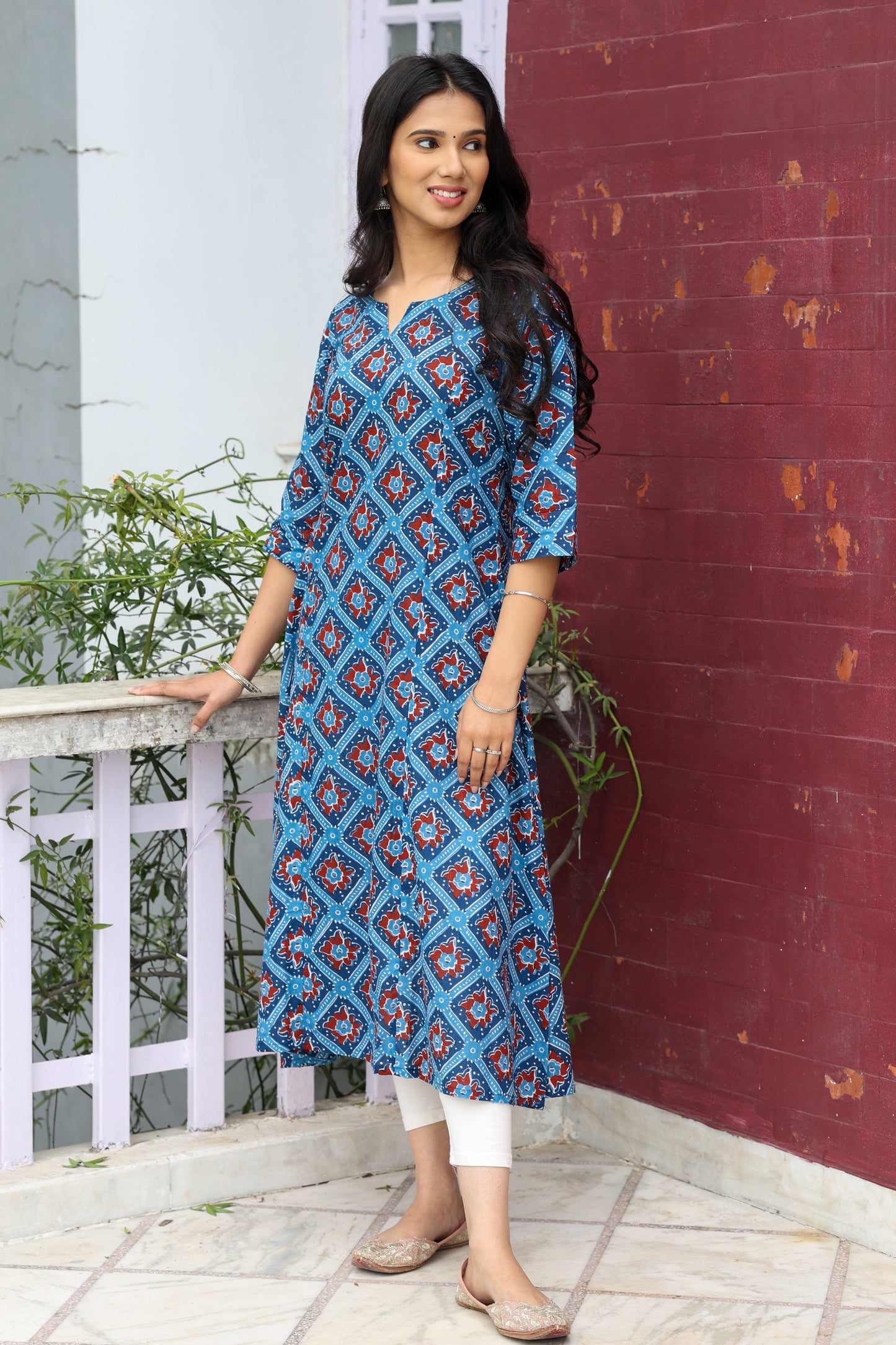 Blue with Maroon A-line Kurta