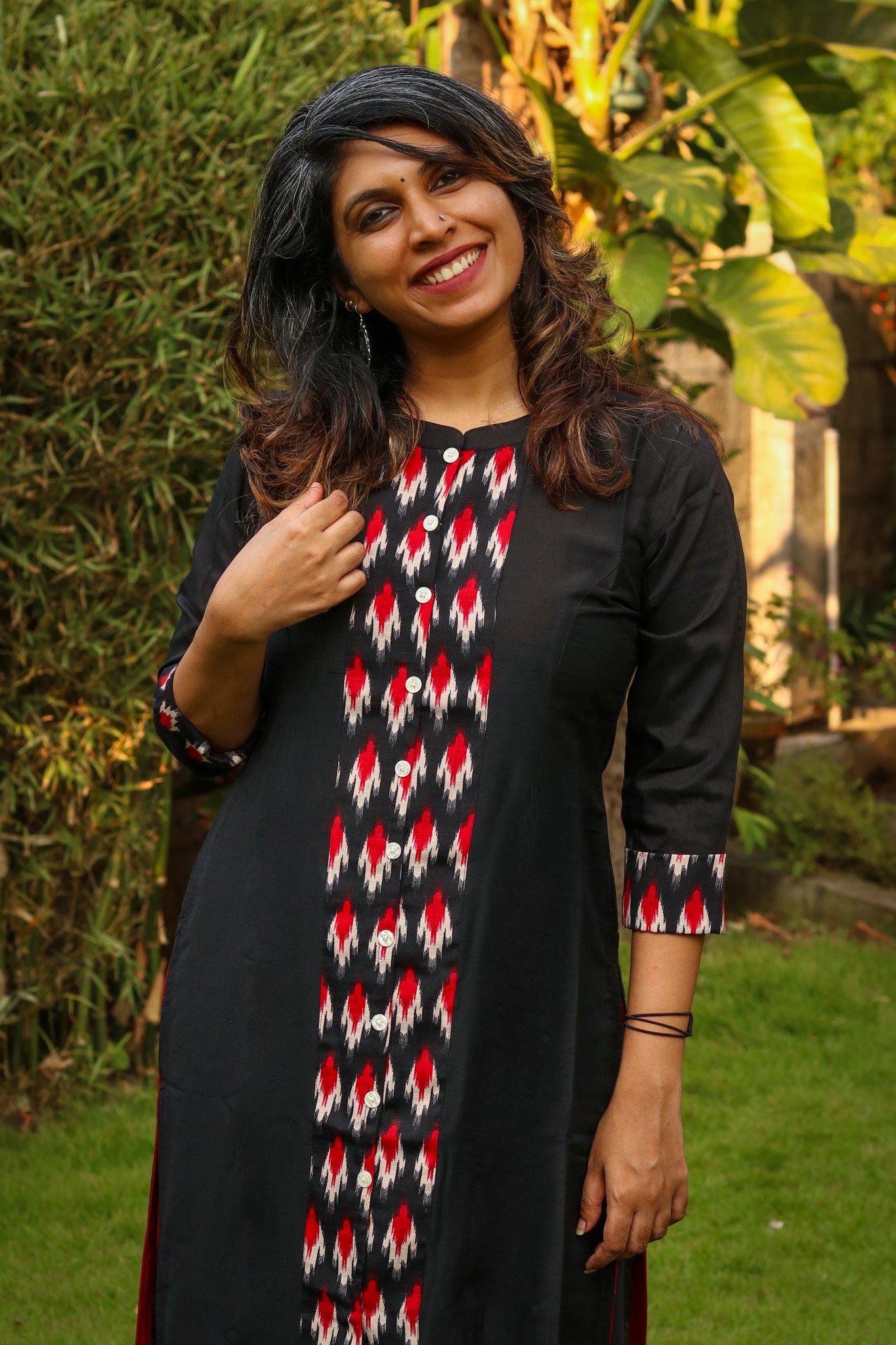 Black With Red Ikat Collared Straight Kurta