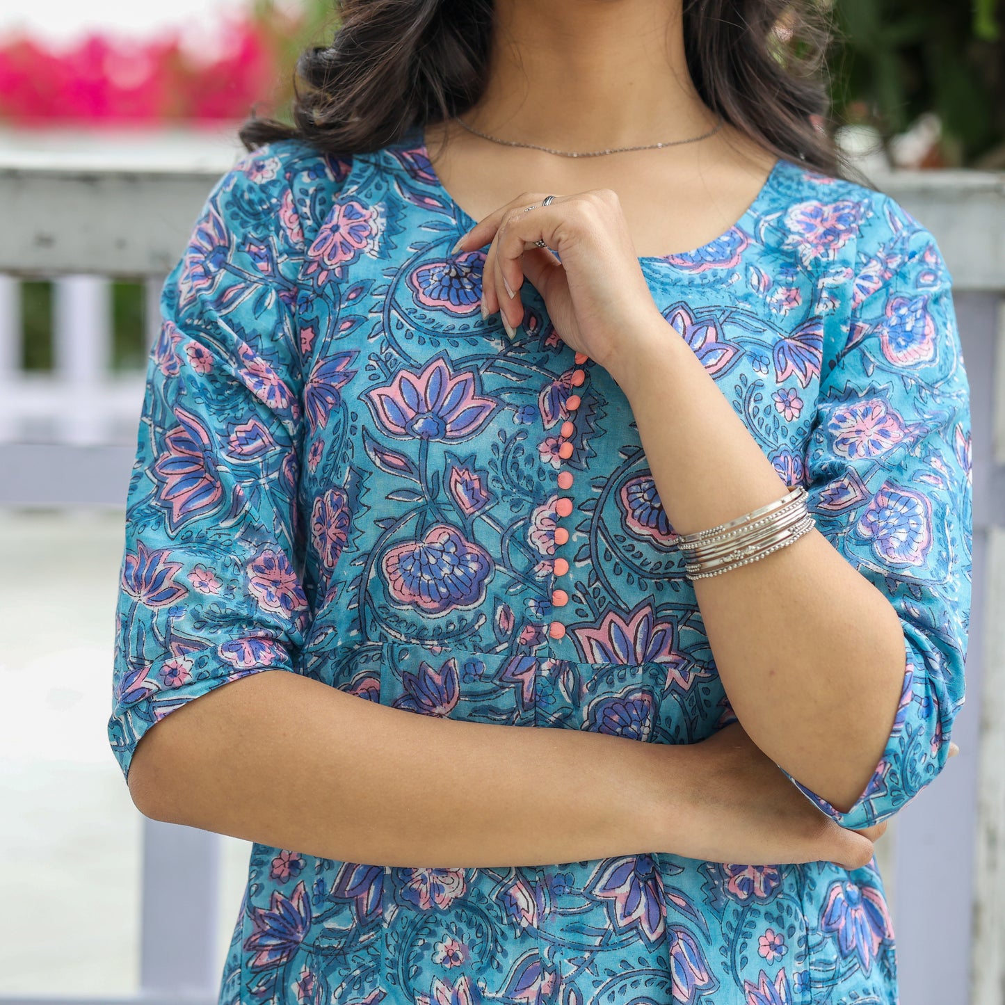 Pastel Blue with Peach Block Print Anarkali