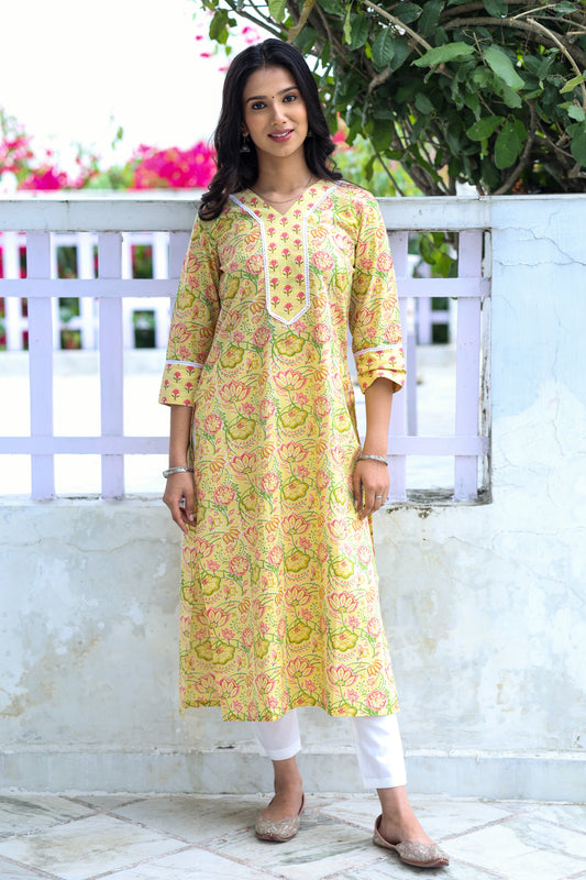 Pastel Yellow with Pink Kurta