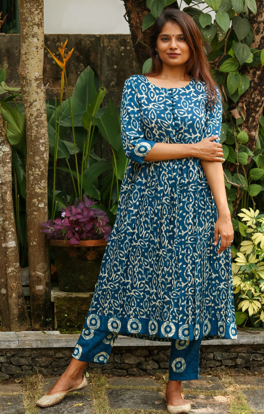 Blue Batik Pleated Kurta with Pant Set
