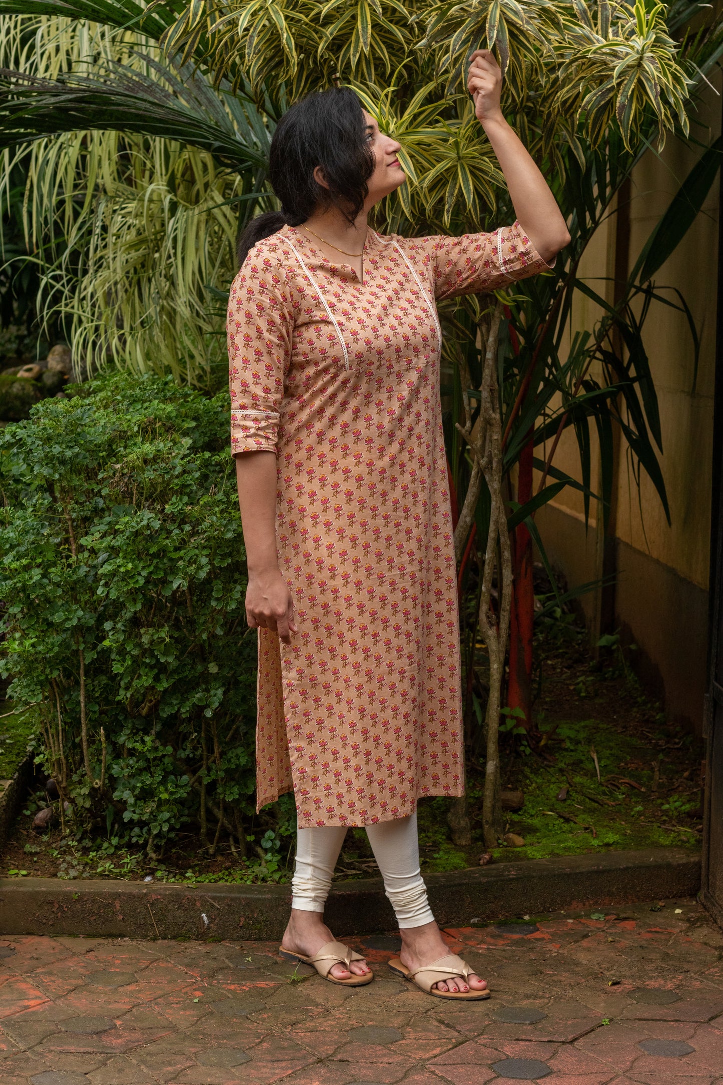 Beige with Pink & Yellow Floral Kurta with Lace Work