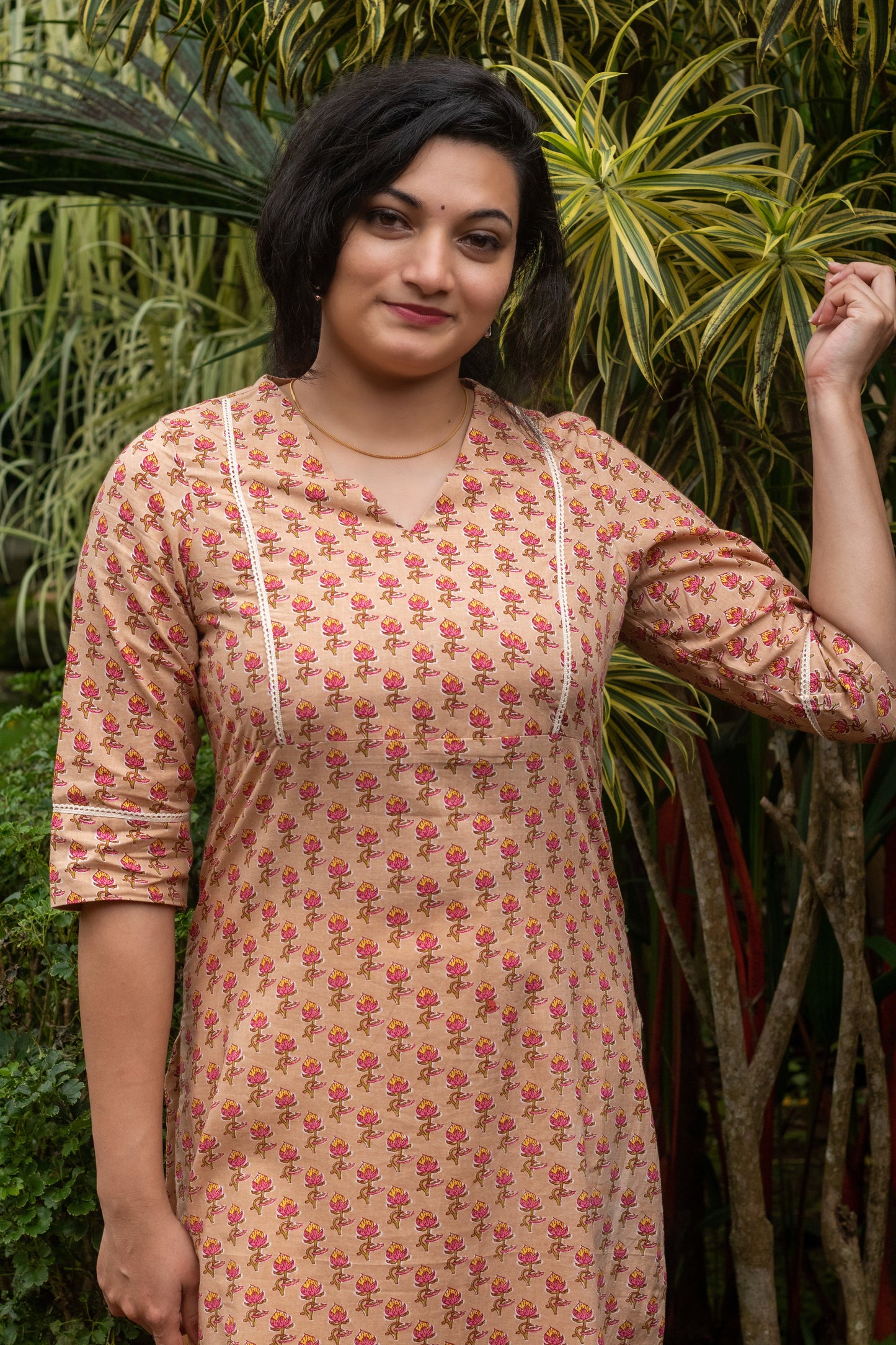 Beige with Pink & Yellow Floral Kurta with Lace Work