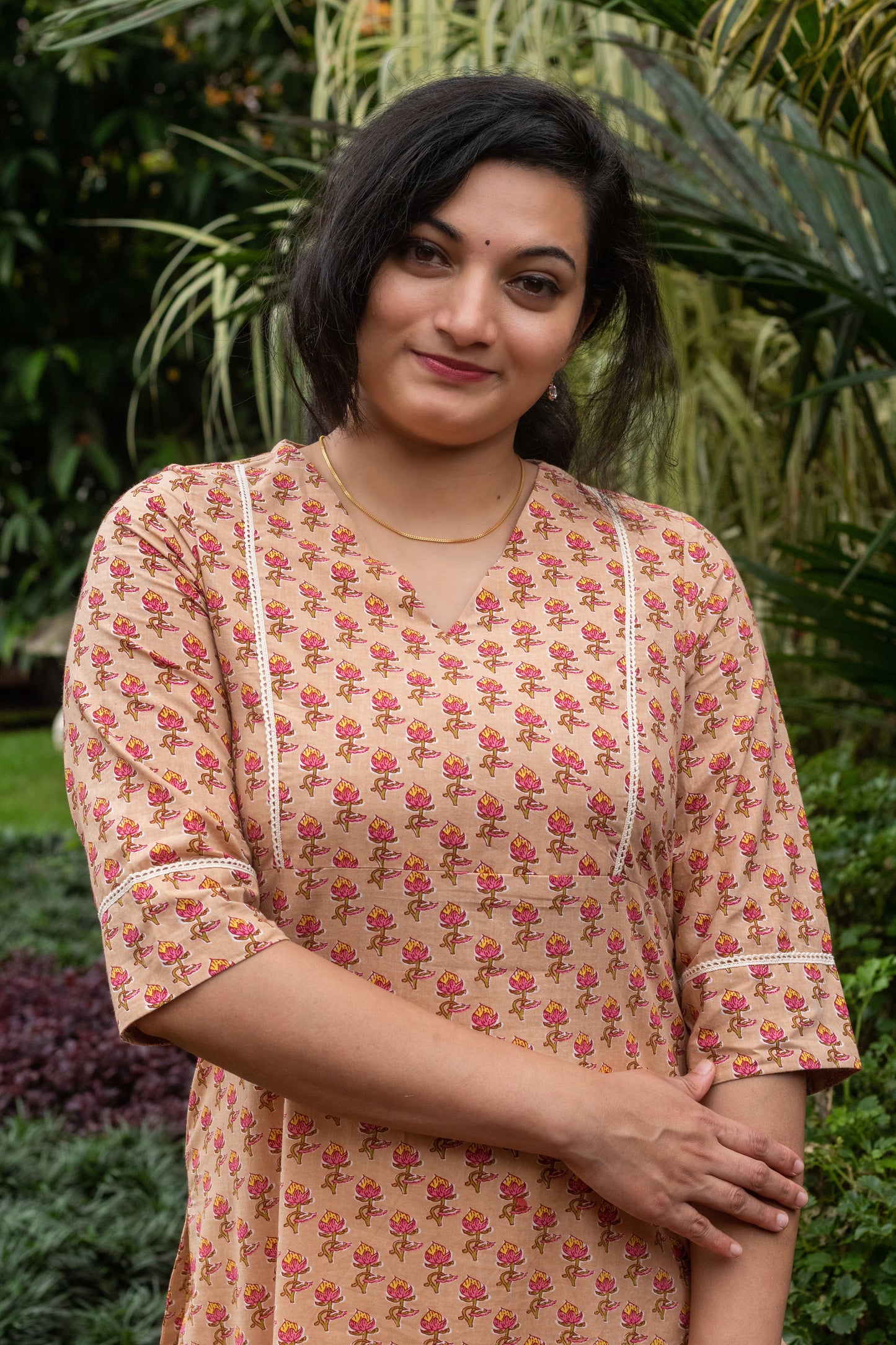 Beige with Pink & Yellow Floral Kurta with Lace Work