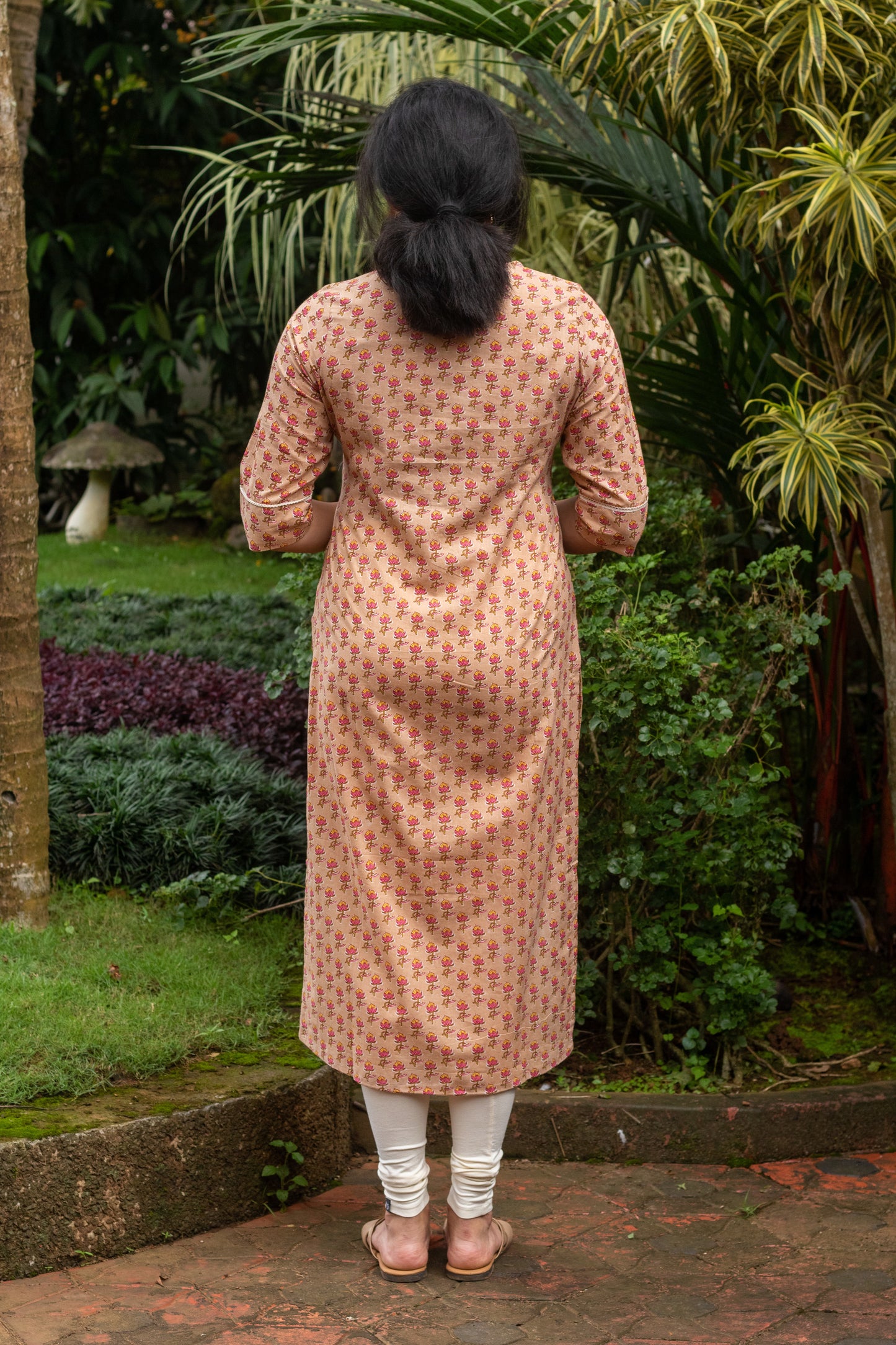 Beige with Pink & Yellow Floral Kurta with Lace Work