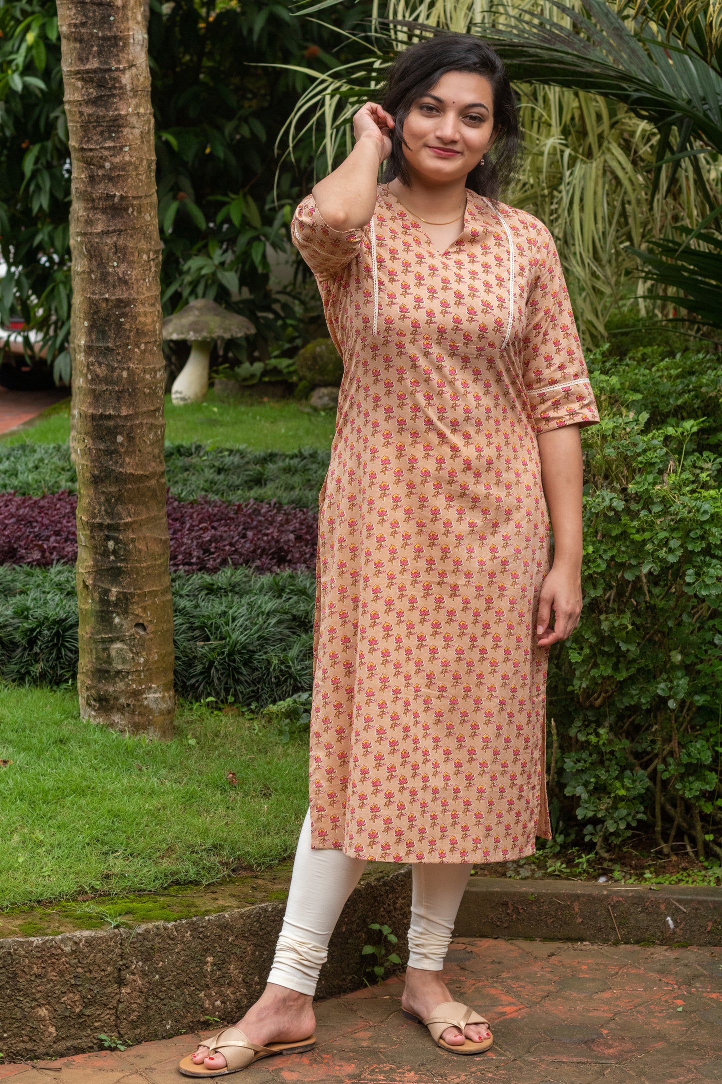 Beige with Pink & Yellow Floral Kurta with Lace Work