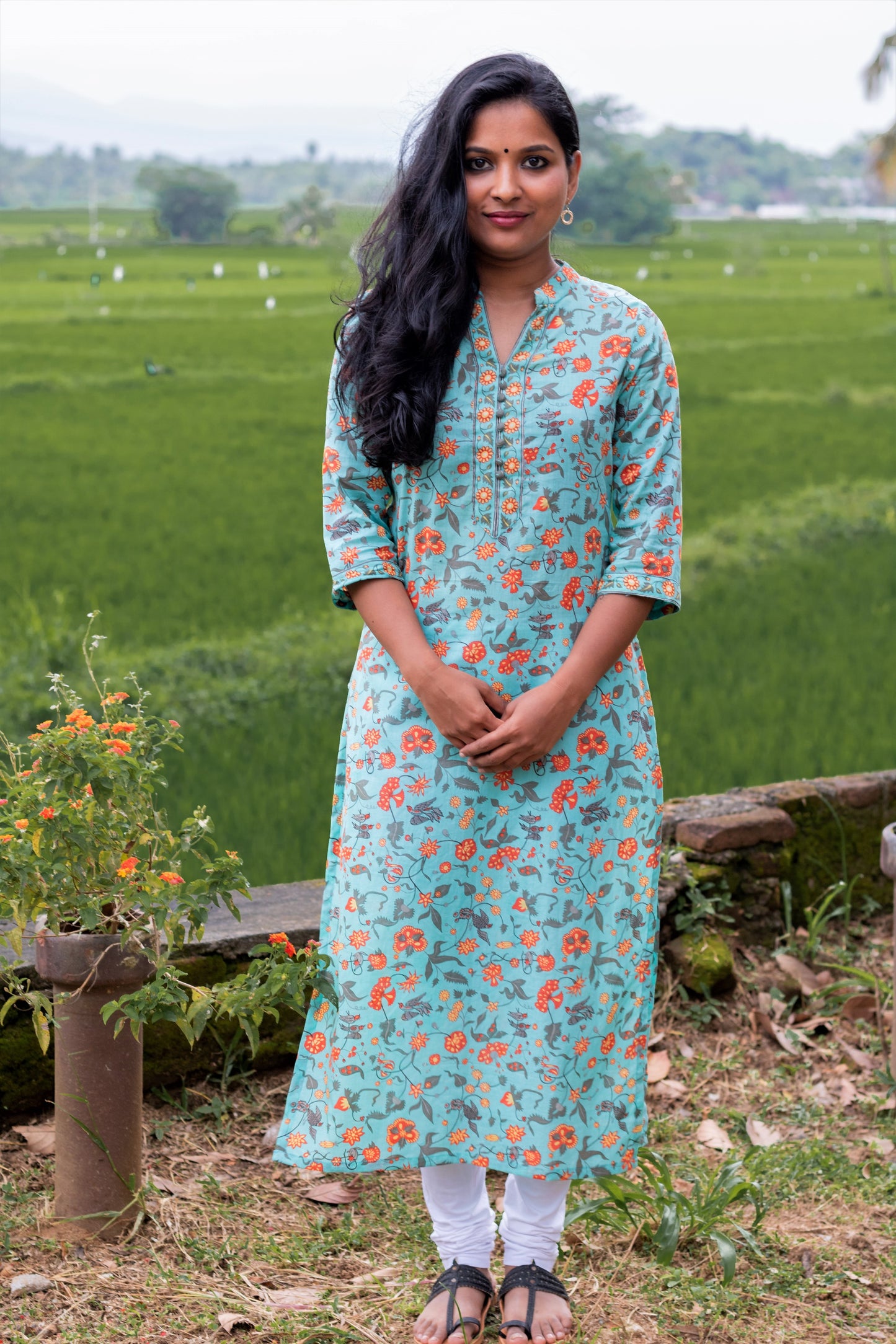 Sky Blue Collared Block Printed Kurta