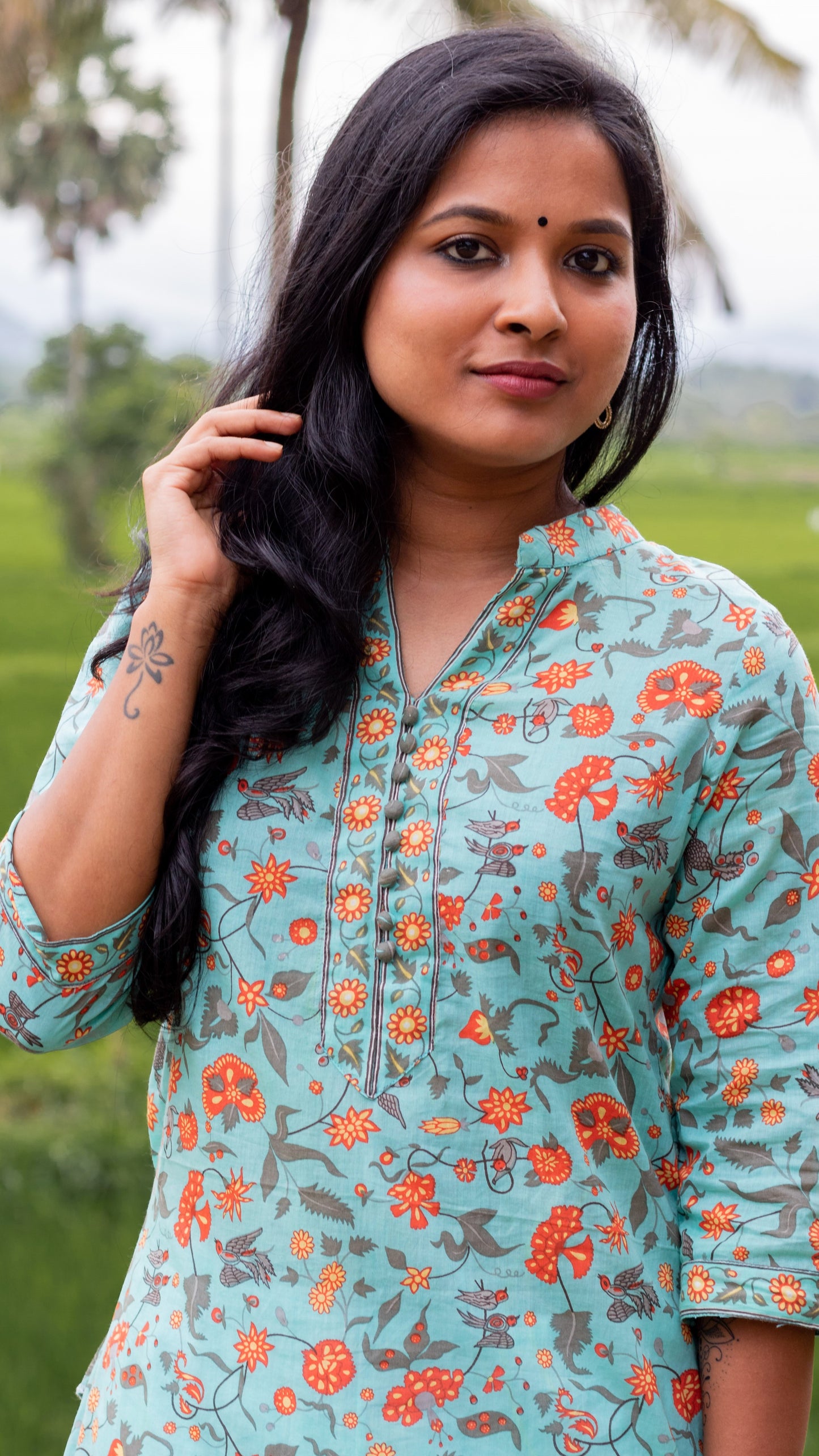 Sky Blue Collared Block Printed Kurta