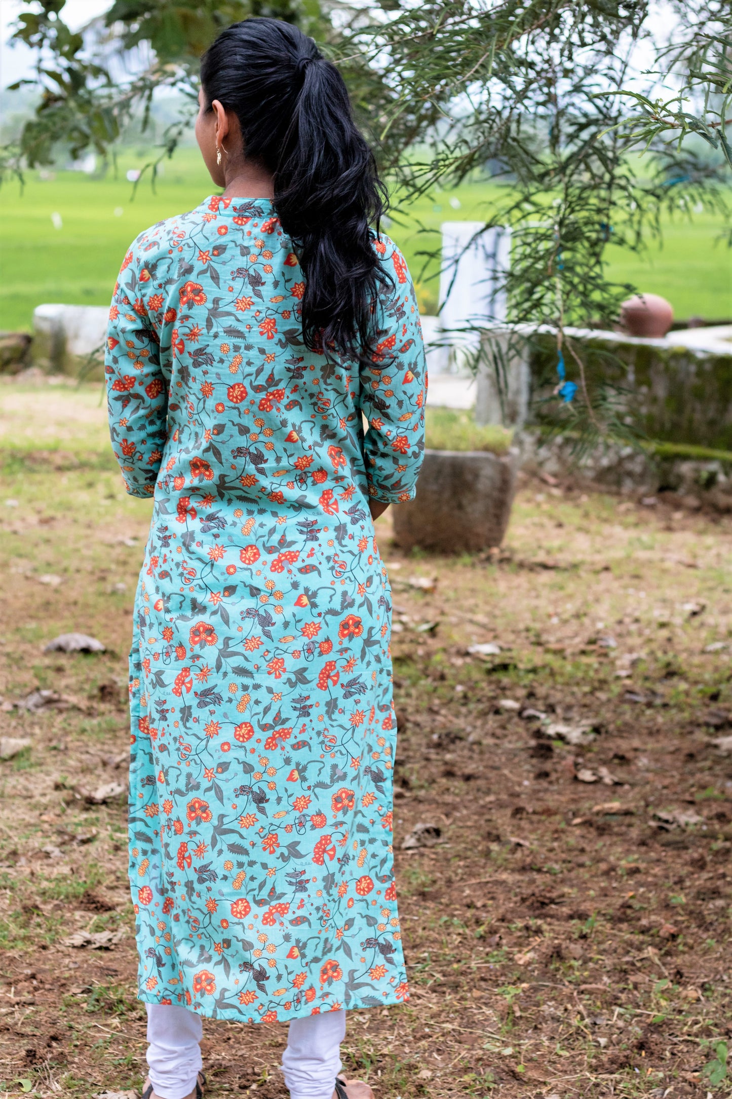 Sky Blue Collared Block Printed Kurta