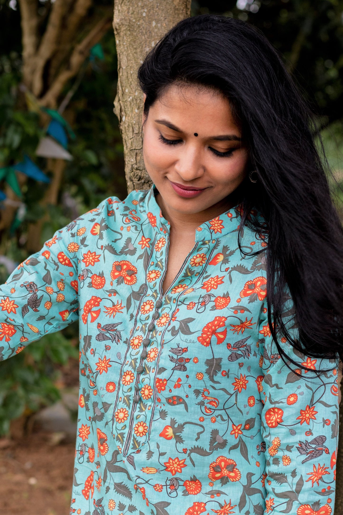 Sky Blue Collared Block Printed Kurta