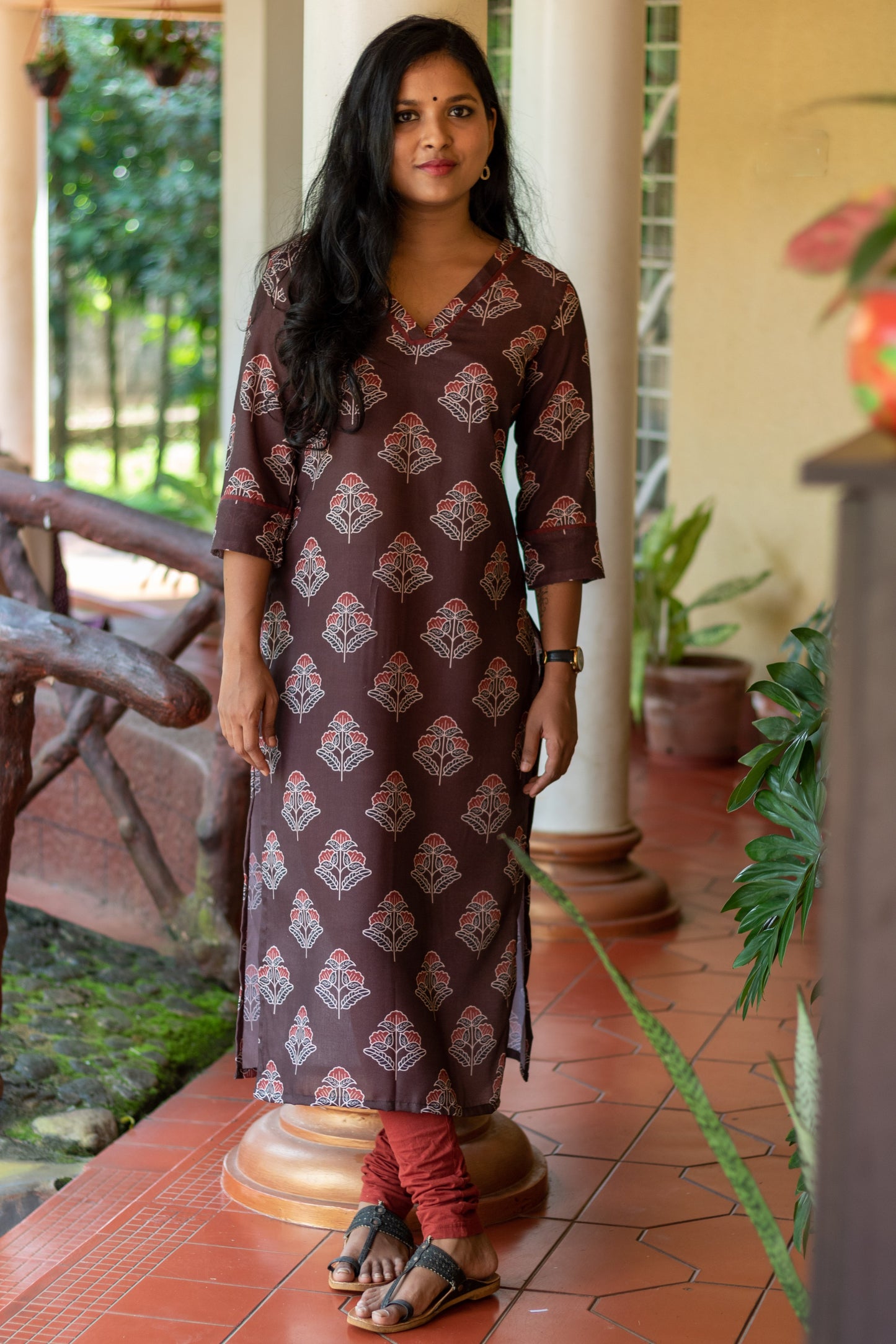 Coffee Brown Kurta with Maroon Motifs