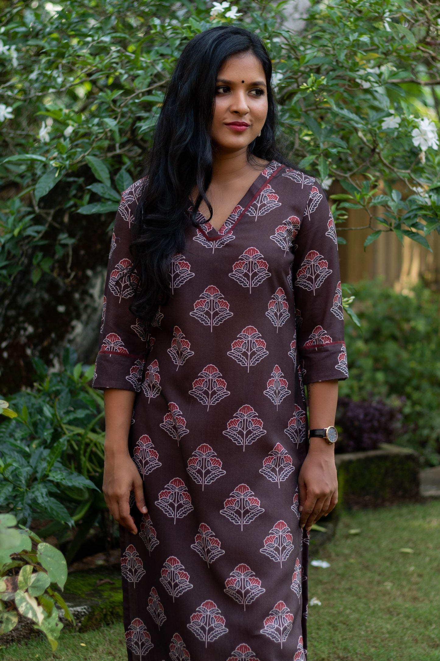Coffee Brown Kurta with Maroon Motifs