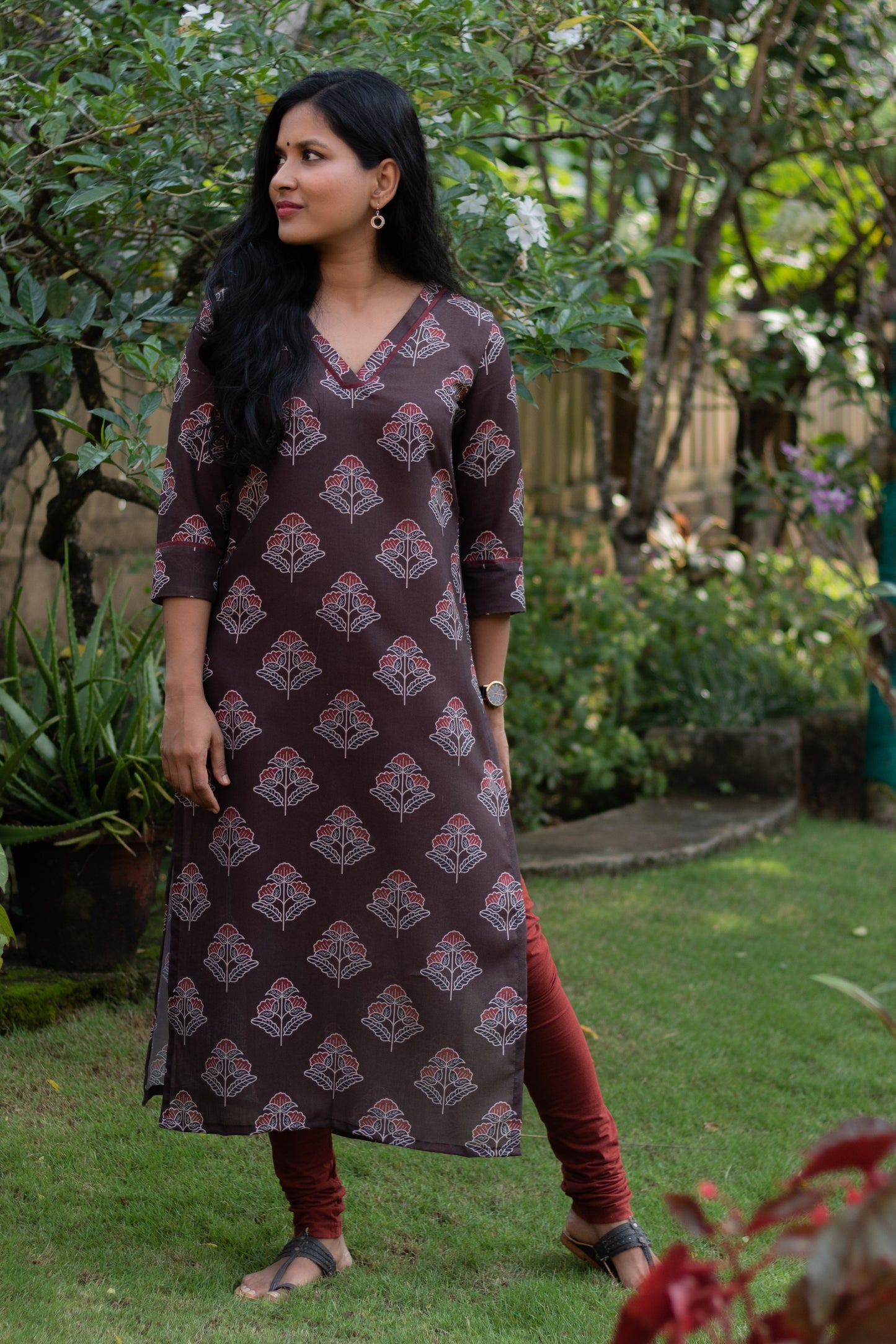 Coffee Brown Kurta with Maroon Motifs
