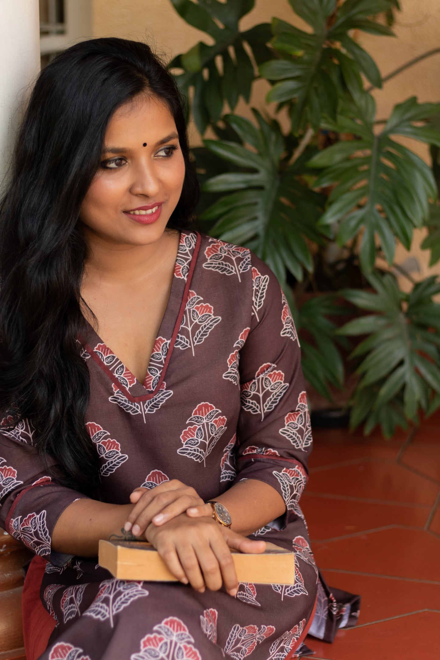 Coffee Brown Kurta with Maroon Motifs