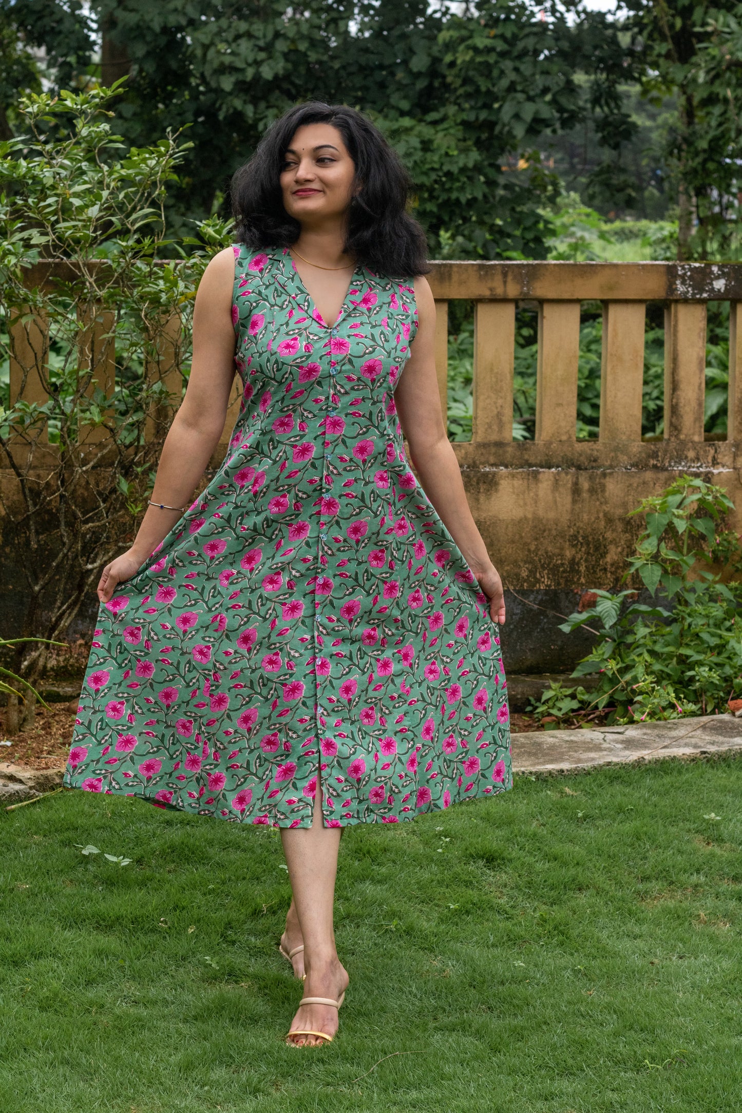 Pastel Green With Pink Orchid Shirt Dress