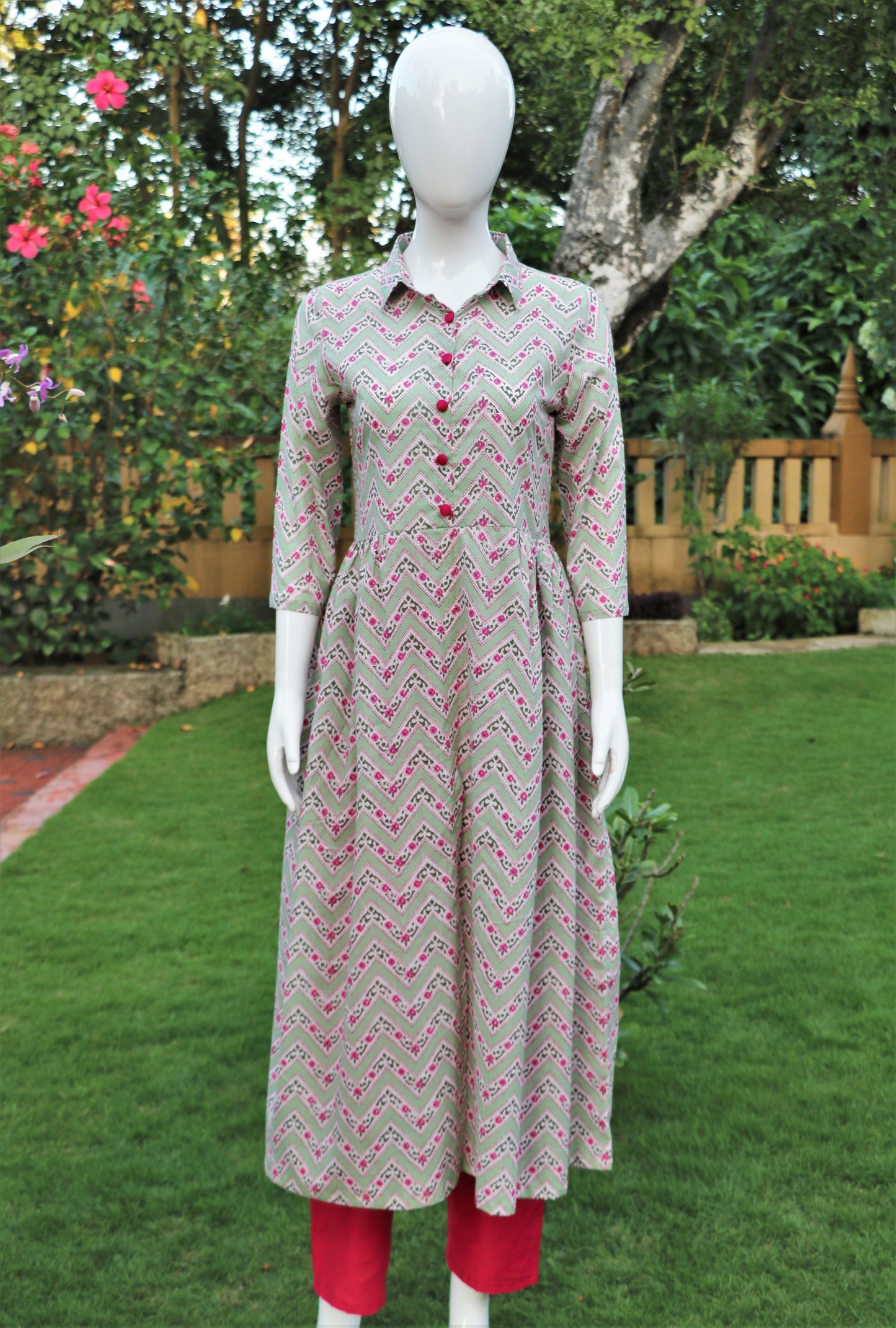 Pastel Green Collared Kurta with Pant