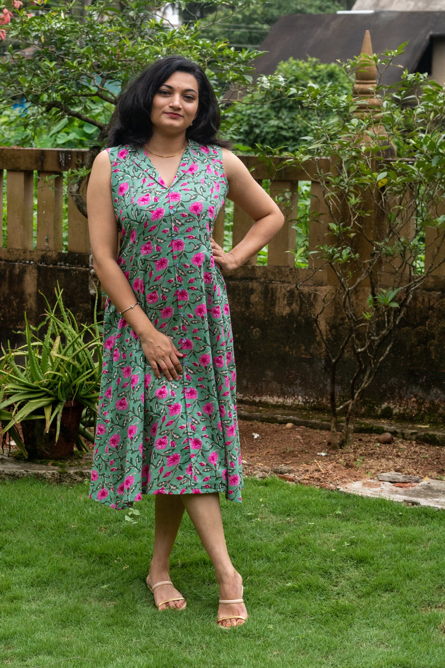 Pastel Green With Pink Orchid Shirt Dress
