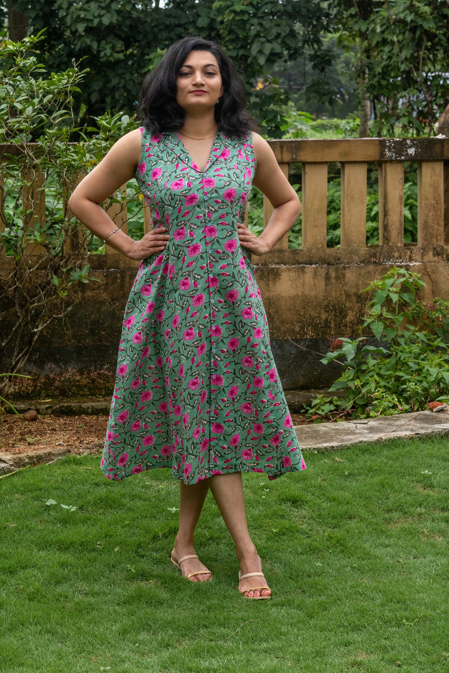 Pastel Green With Pink Orchid Shirt Dress