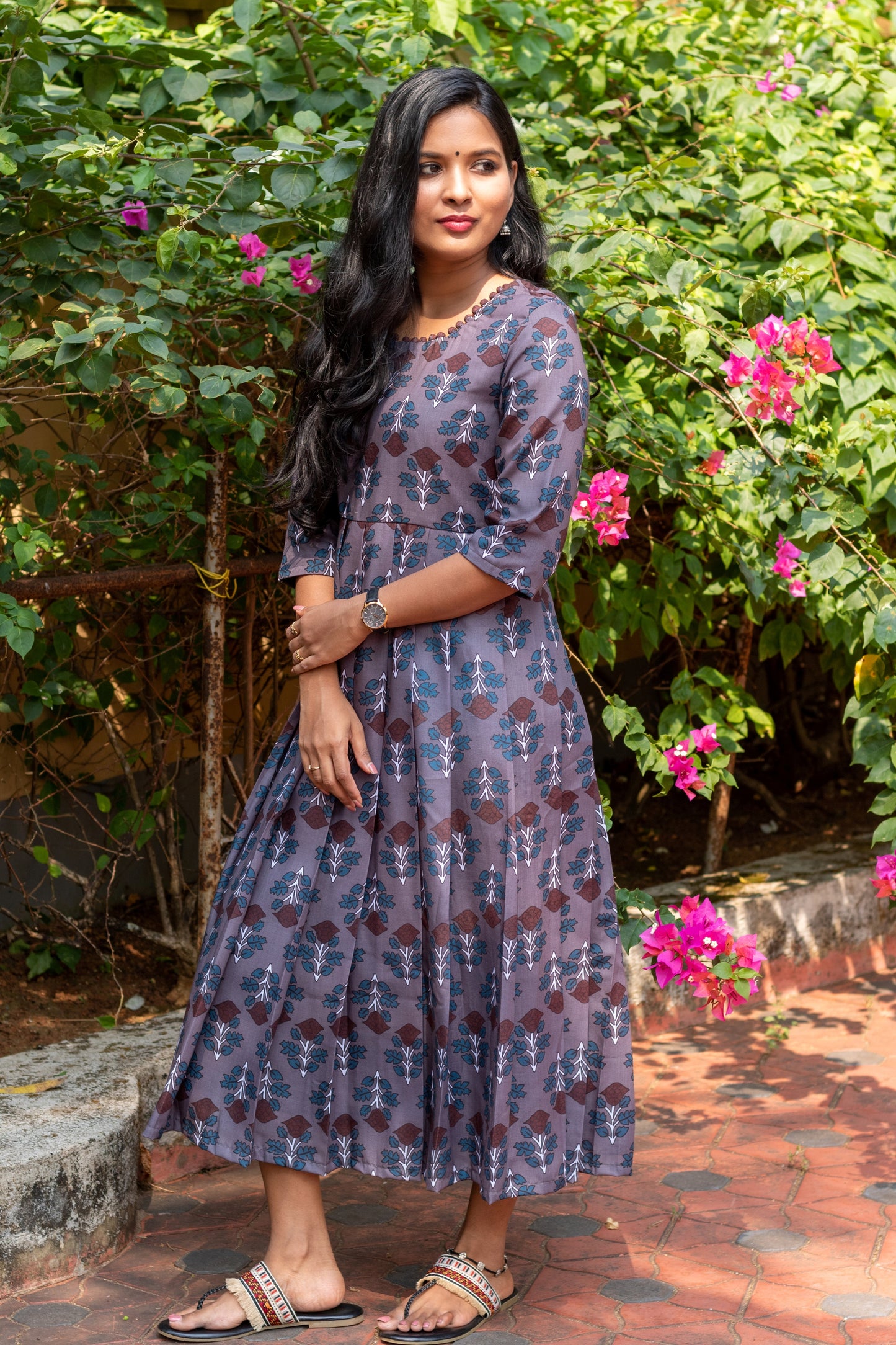 Grey Floral Pleated Flared Dress