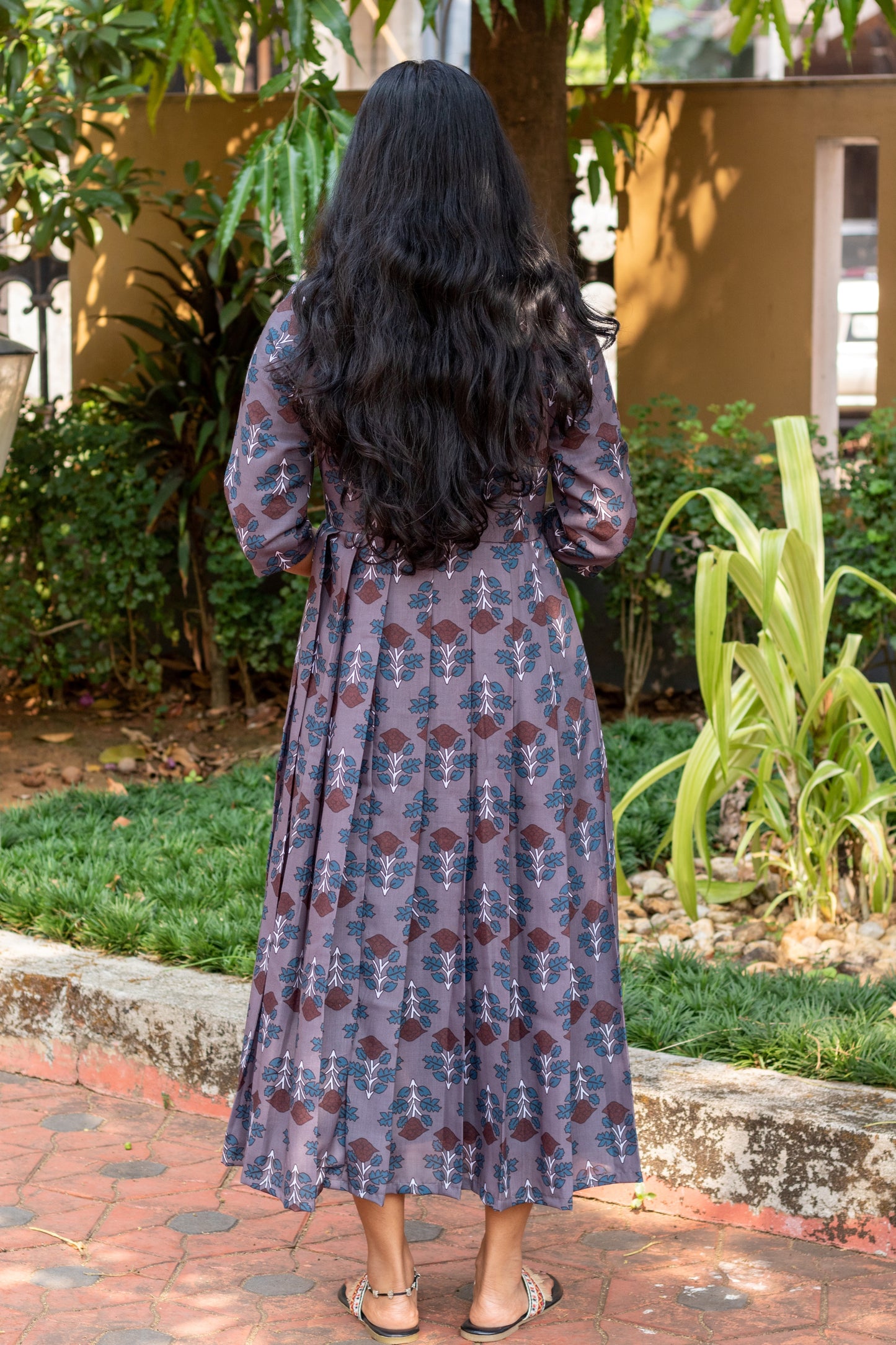 Grey Floral Pleated Flared Dress