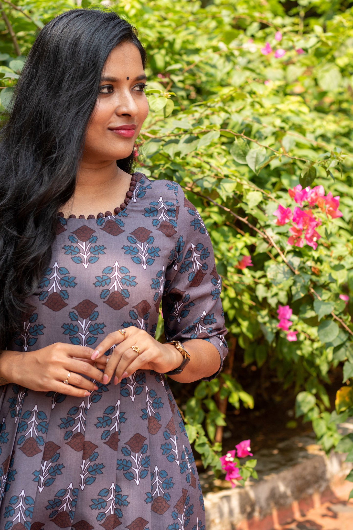 Grey Floral Pleated Flared Dress