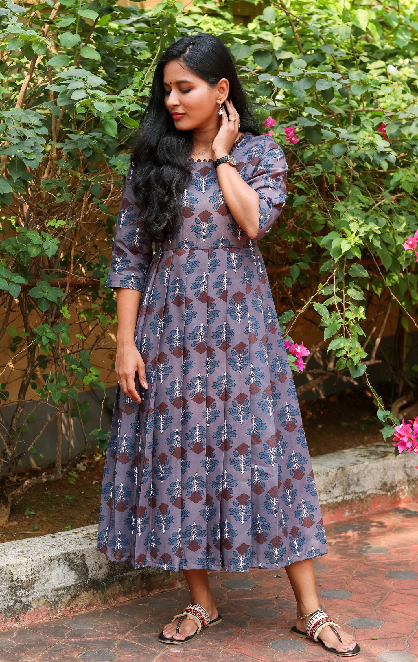 Grey Floral Pleated Flared Dress