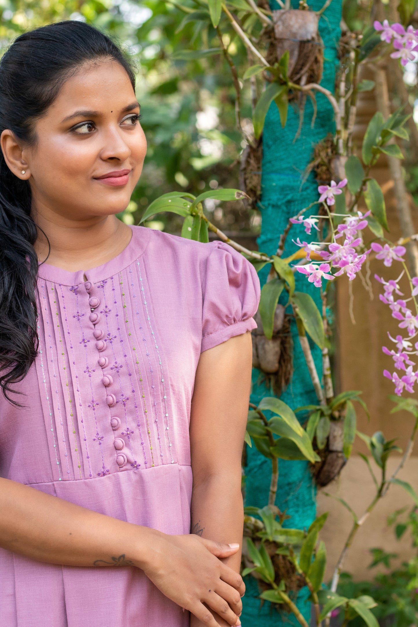 Lilac Hand Embroidered Puff Sleeve Dress