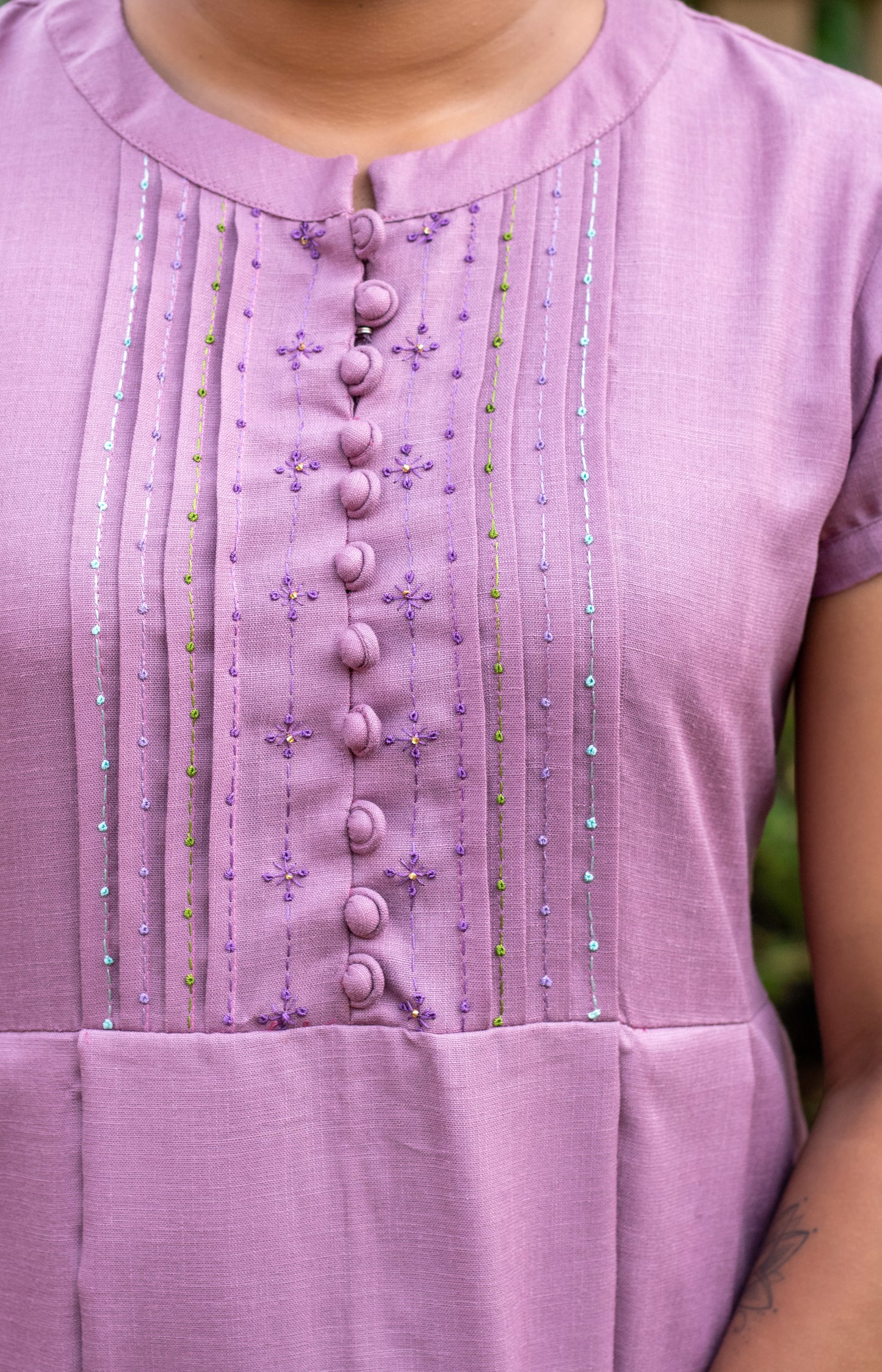Lilac Hand Embroidered Puff Sleeve Dress