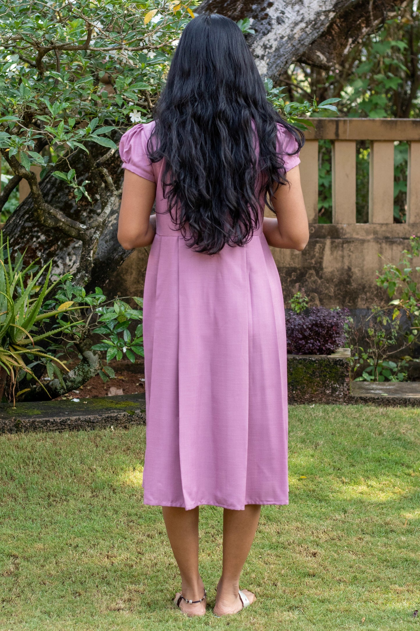 Lilac Hand Embroidered Puff Sleeve Dress