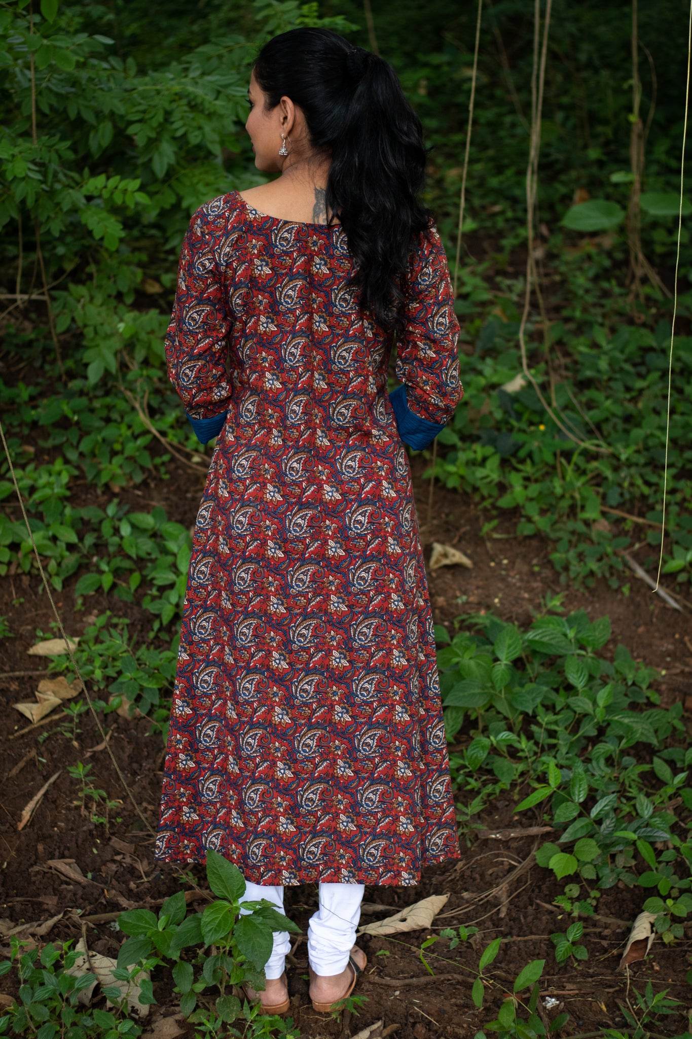 Maroon Kalamkari Kurta with Blue Pintucks