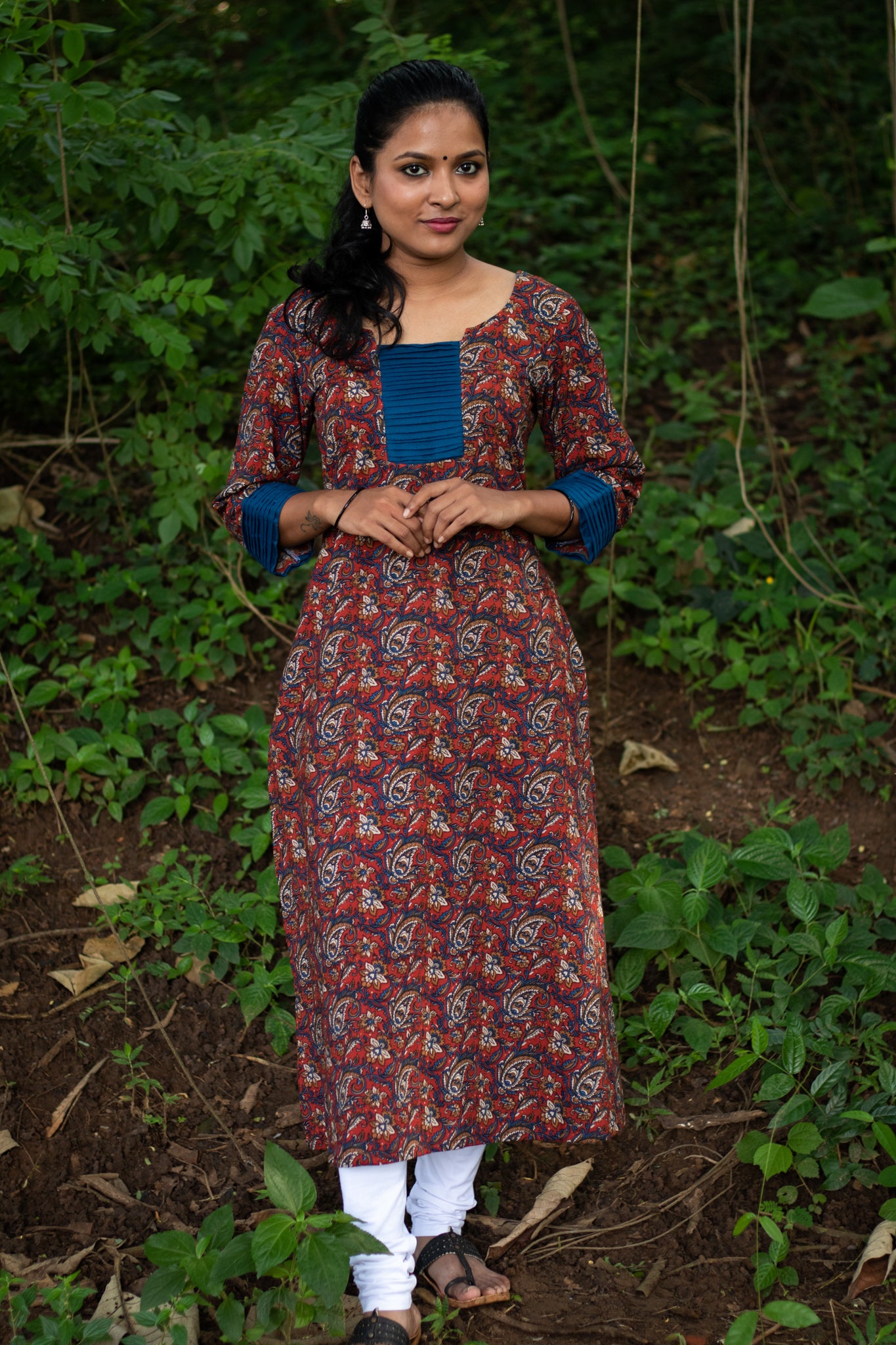 Maroon Kalamkari Kurta with Blue Pintucks
