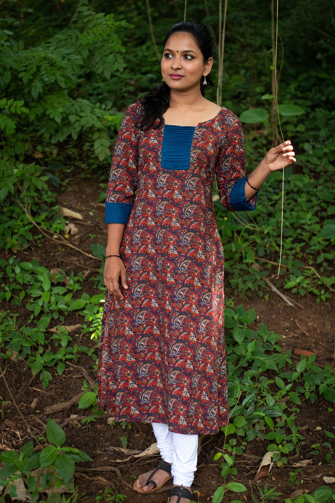 Maroon Kalamkari Kurta with Blue Pintucks