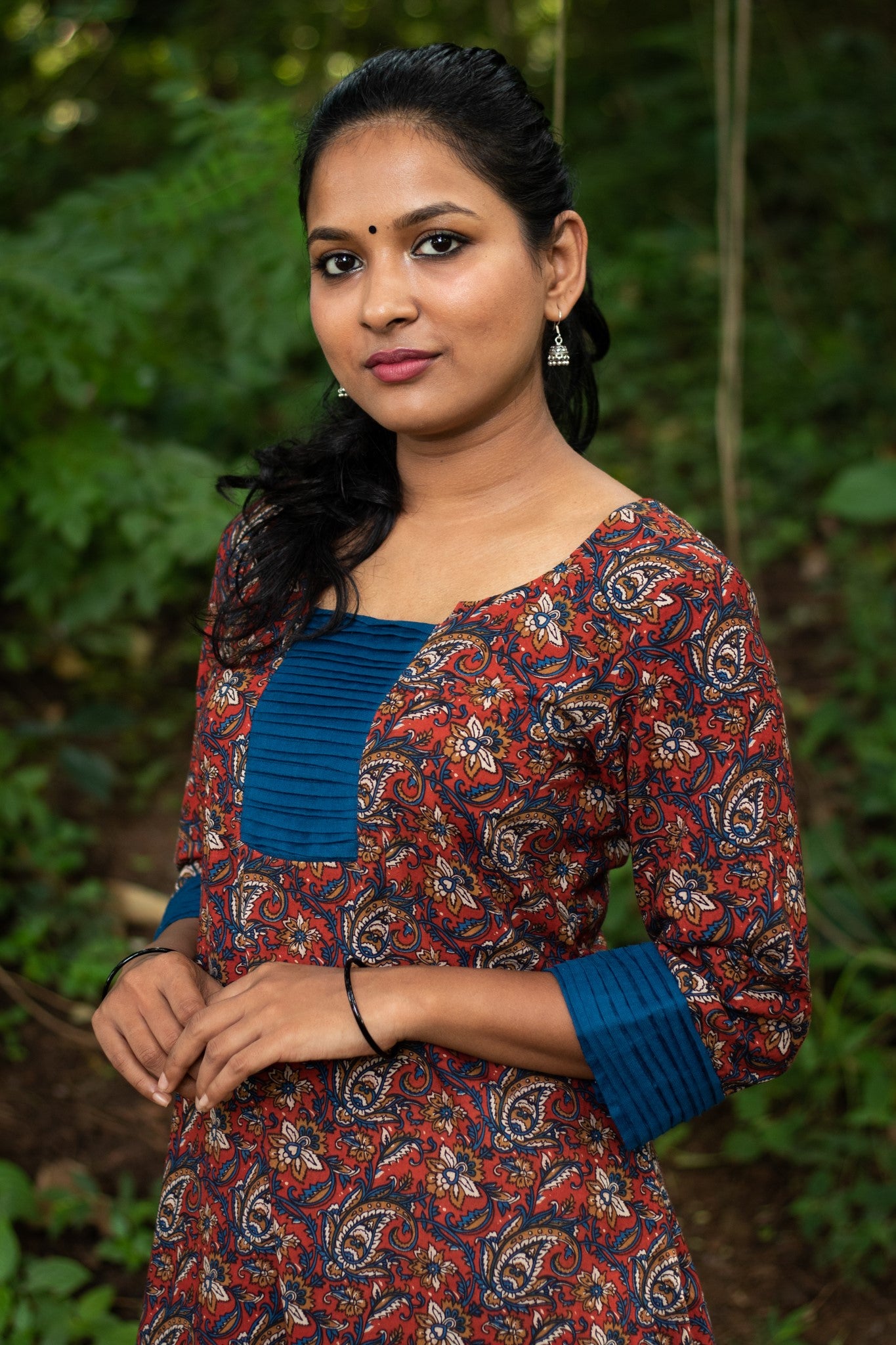 Maroon Kalamkari Kurta with Blue Pintucks