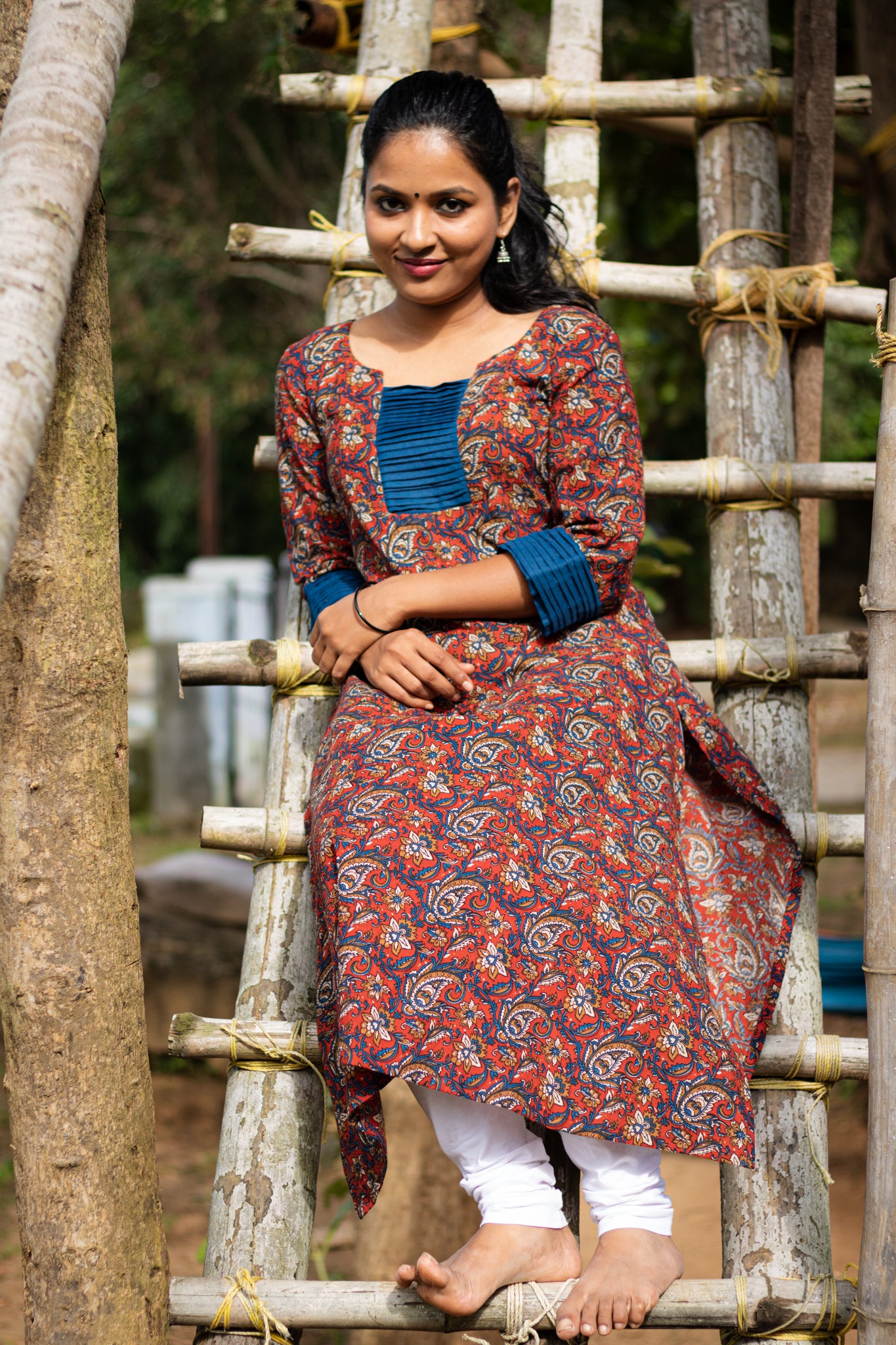 Maroon Kalamkari Kurta with Blue Pintucks