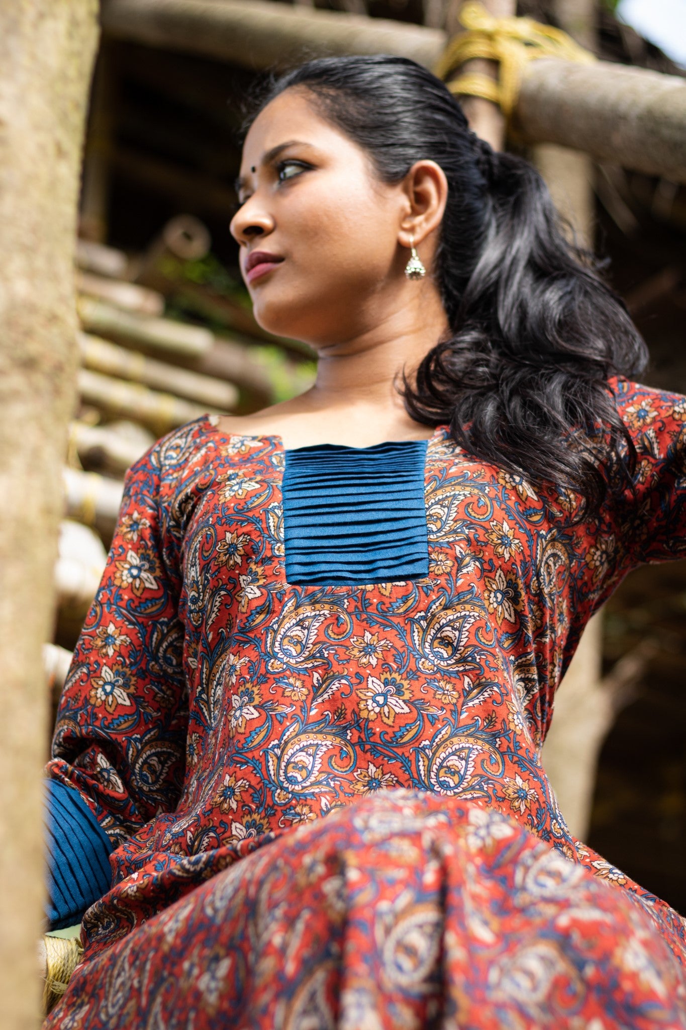 Maroon Kalamkari Kurta with Blue Pintucks