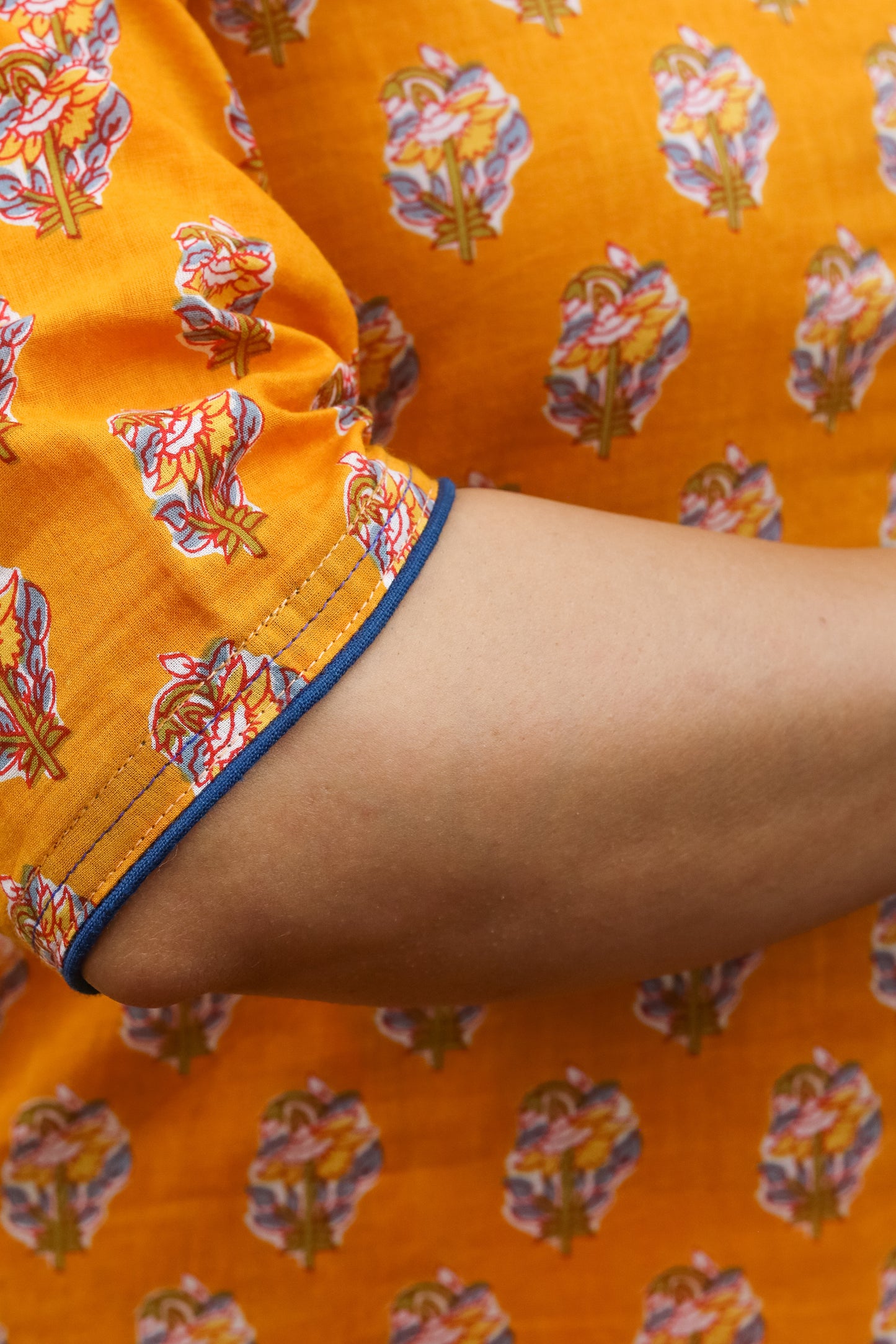 Mustard with Blue Motif Block Print Kurta with Handwork