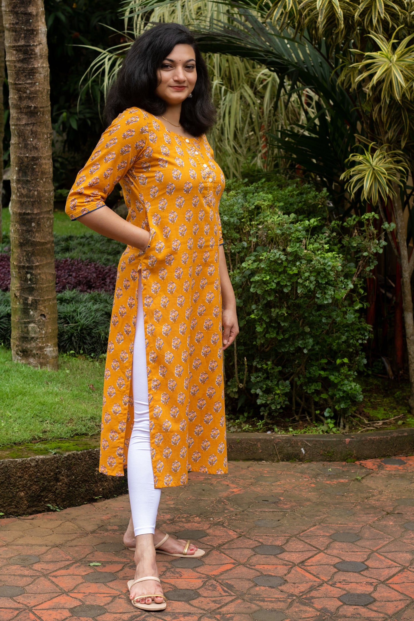 Mustard with Blue Motif Block Print Kurta with Handwork