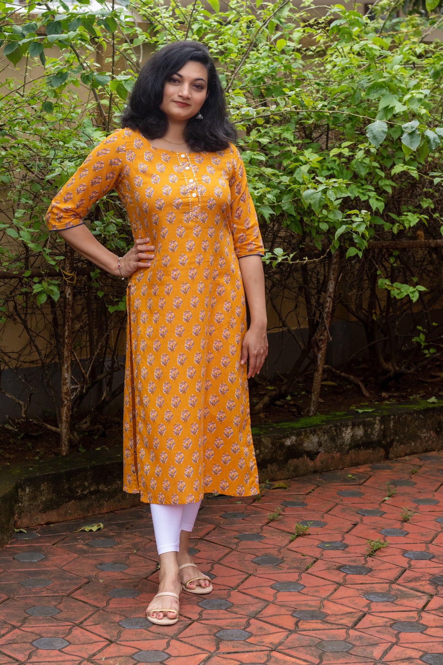 Mustard with Blue Motif Block Print Kurta with Handwork