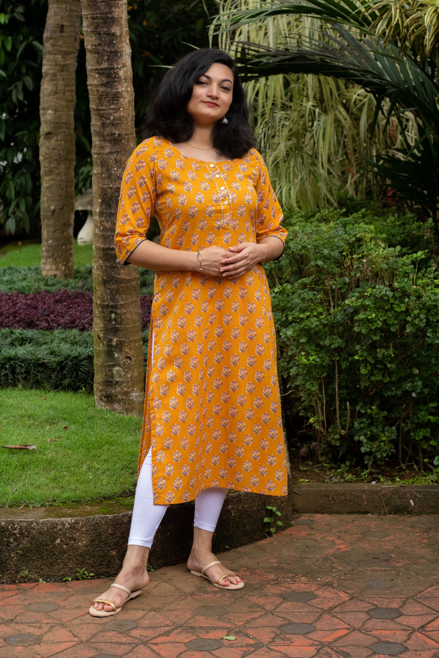 Mustard with Blue Motif Block Print Kurta with Handwork