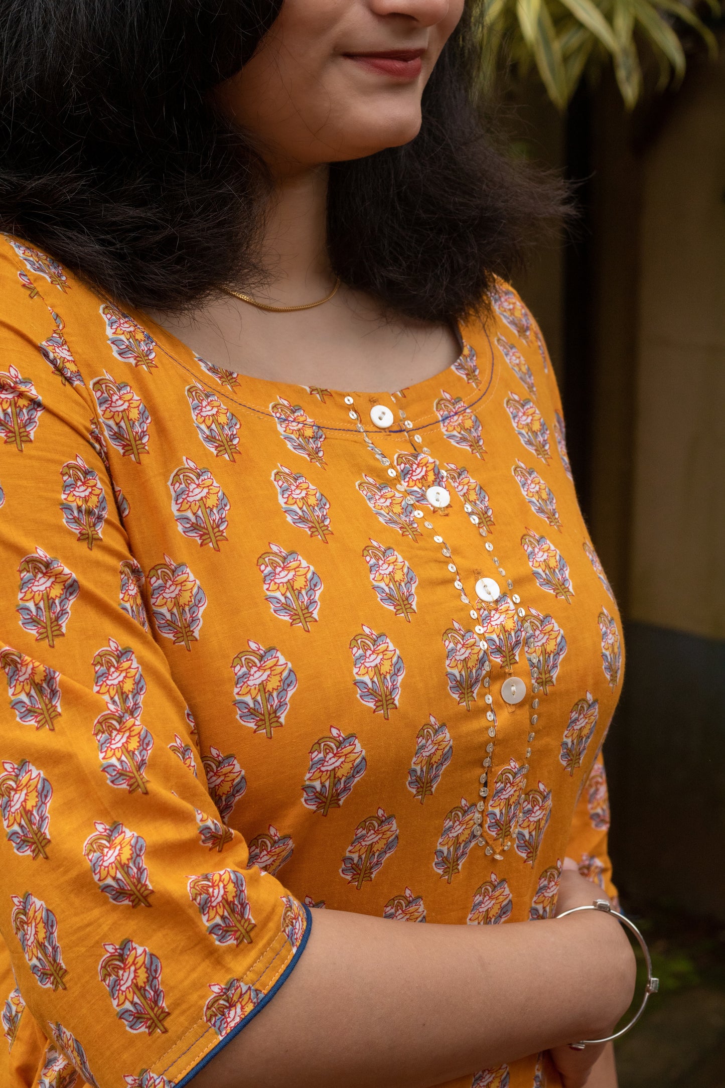 Mustard with Blue Motif Block Print Kurta with Handwork