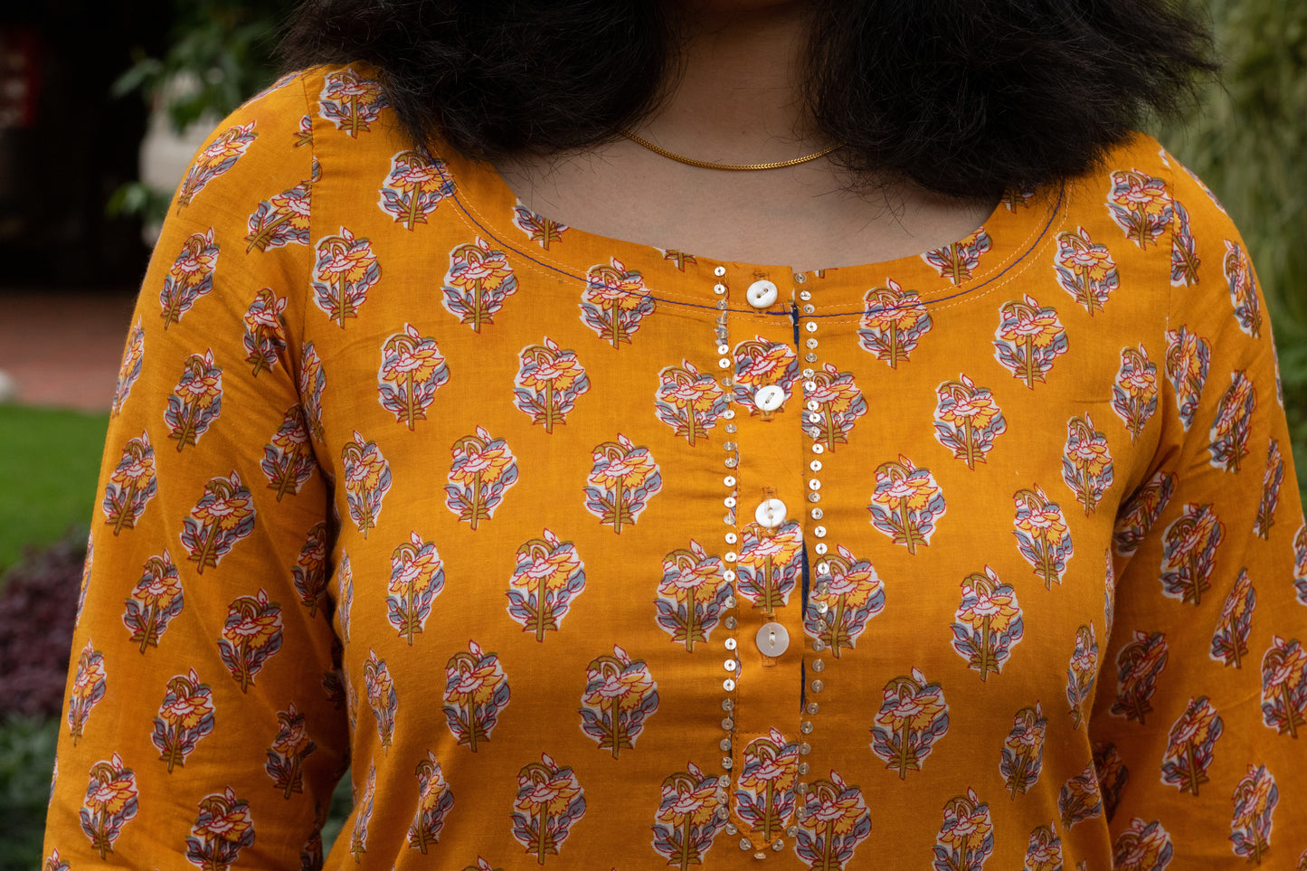 Mustard with Blue Motif Block Print Kurta with Handwork