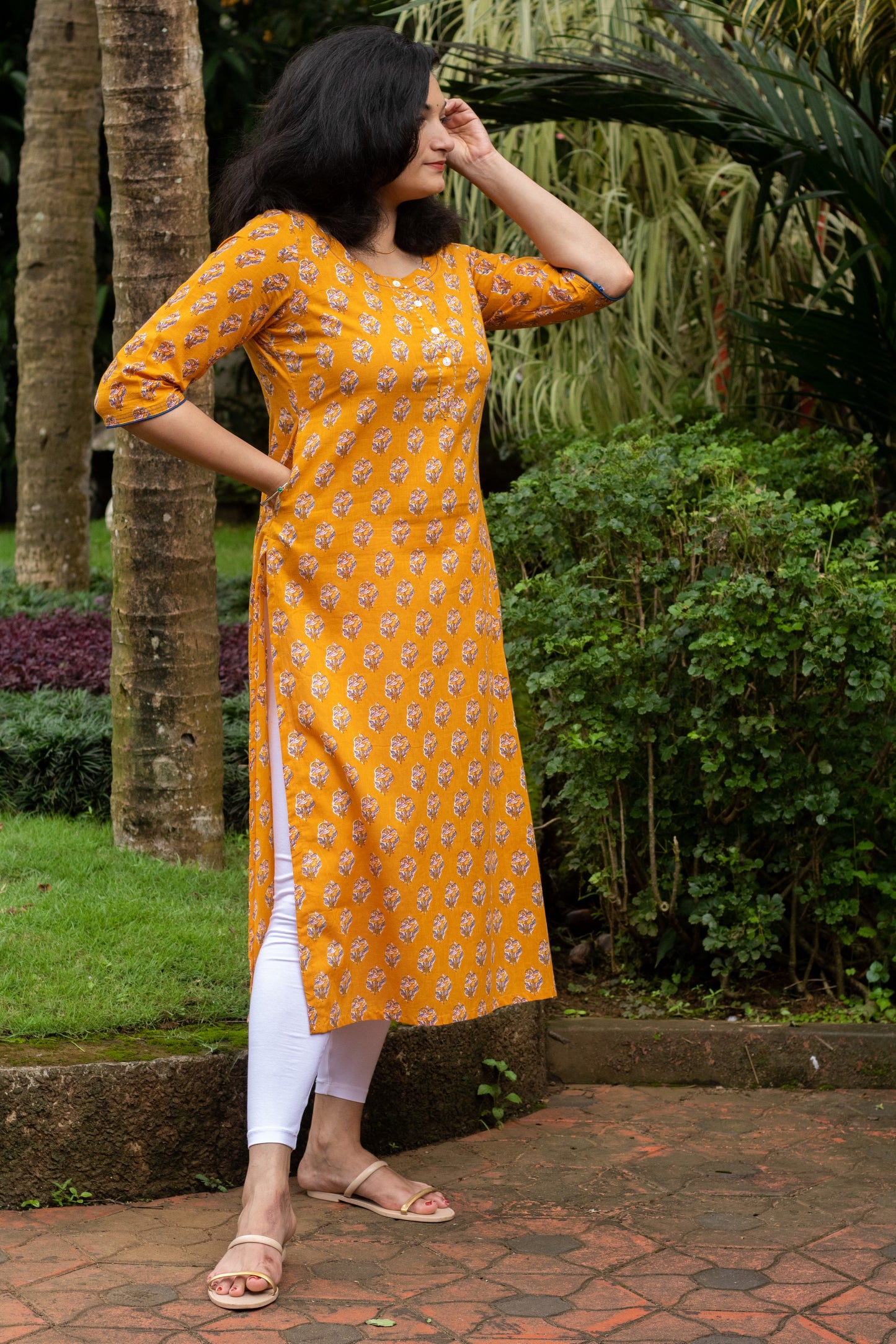 Mustard with Blue Motif Block Print Kurta with Handwork