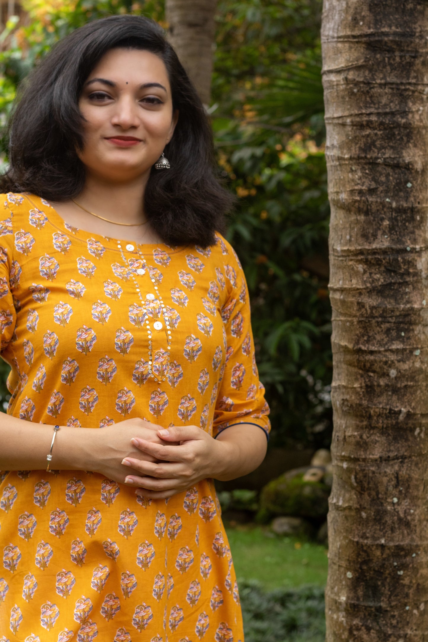 Mustard with Blue Motif Block Print Kurta with Handwork
